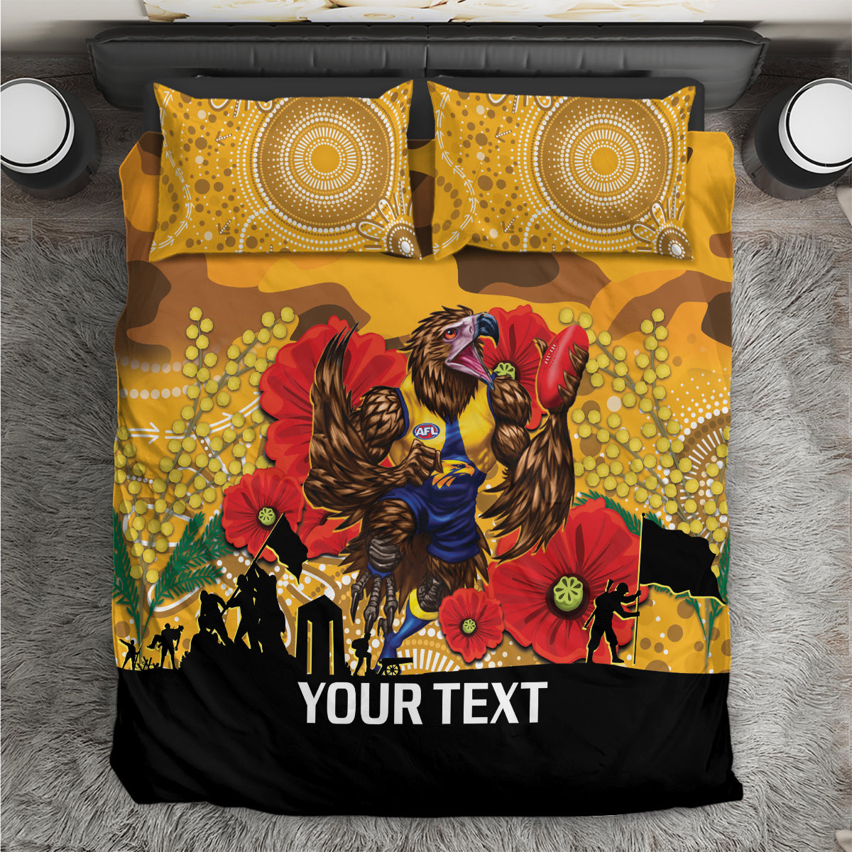 Custom Eagles Football ANZAC Bedding Set Gallipoli Camouflage With Poppies - Vibe Hoodie Shop