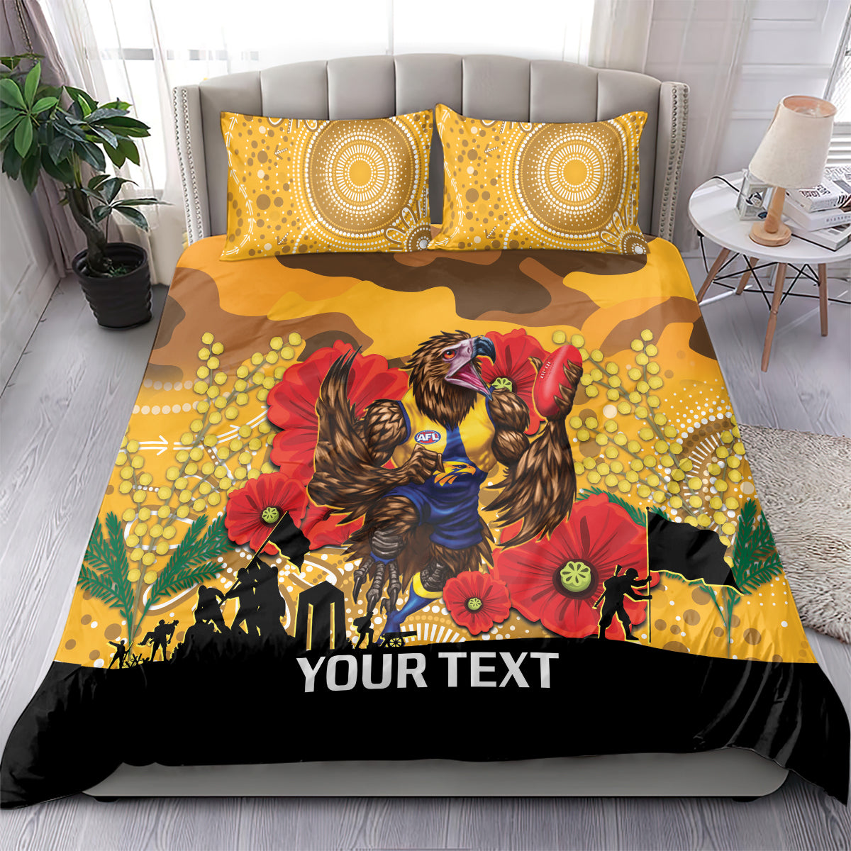 Custom Eagles Football ANZAC Bedding Set Gallipoli Camouflage With Poppies - Vibe Hoodie Shop