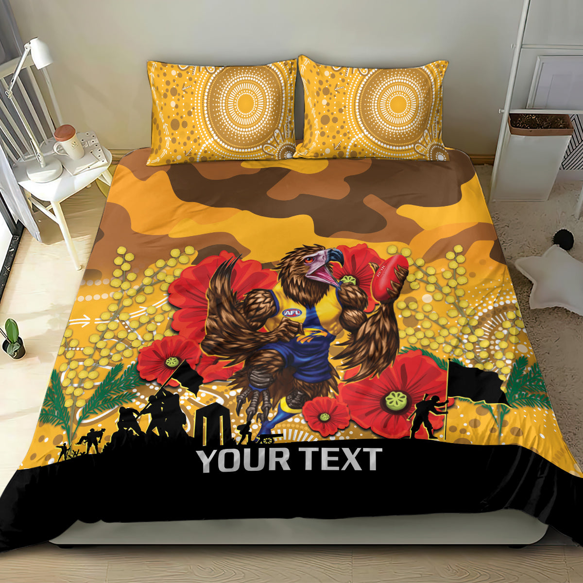 Custom Eagles Football ANZAC Bedding Set Gallipoli Camouflage With Poppies - Vibe Hoodie Shop