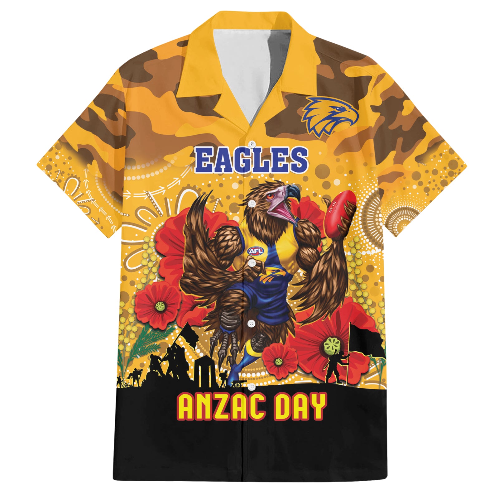 Custom Eagles Football ANZAC Hawaiian Shirt Gallipoli Camouflage With Poppies - Vibe Hoodie Shop