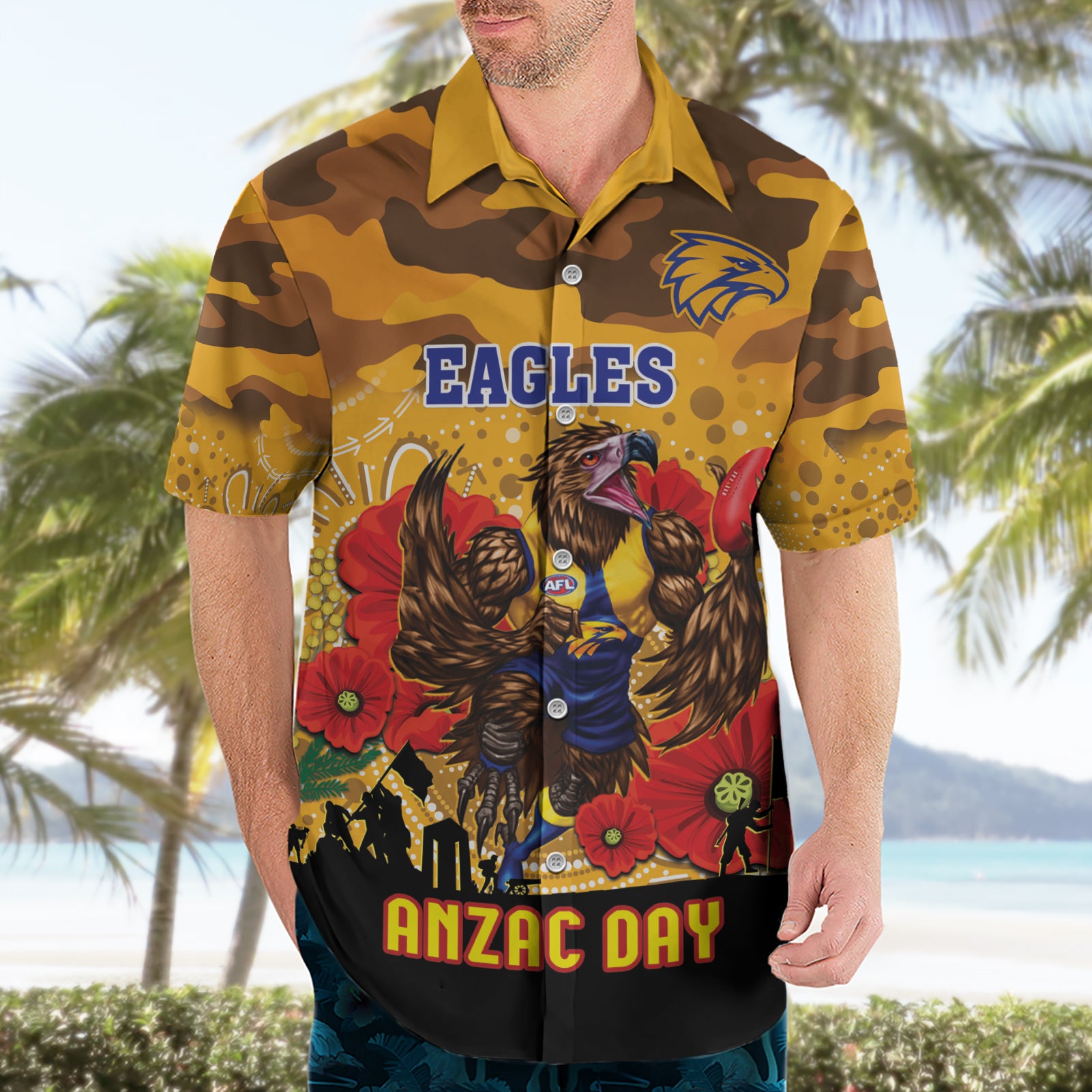 Custom Eagles Football ANZAC Hawaiian Shirt Gallipoli Camouflage With Poppies - Vibe Hoodie Shop