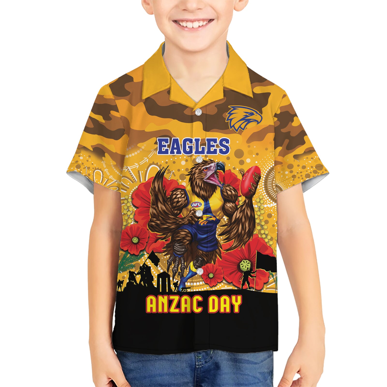 Custom Eagles Football ANZAC Hawaiian Shirt Gallipoli Camouflage With Poppies - Vibe Hoodie Shop