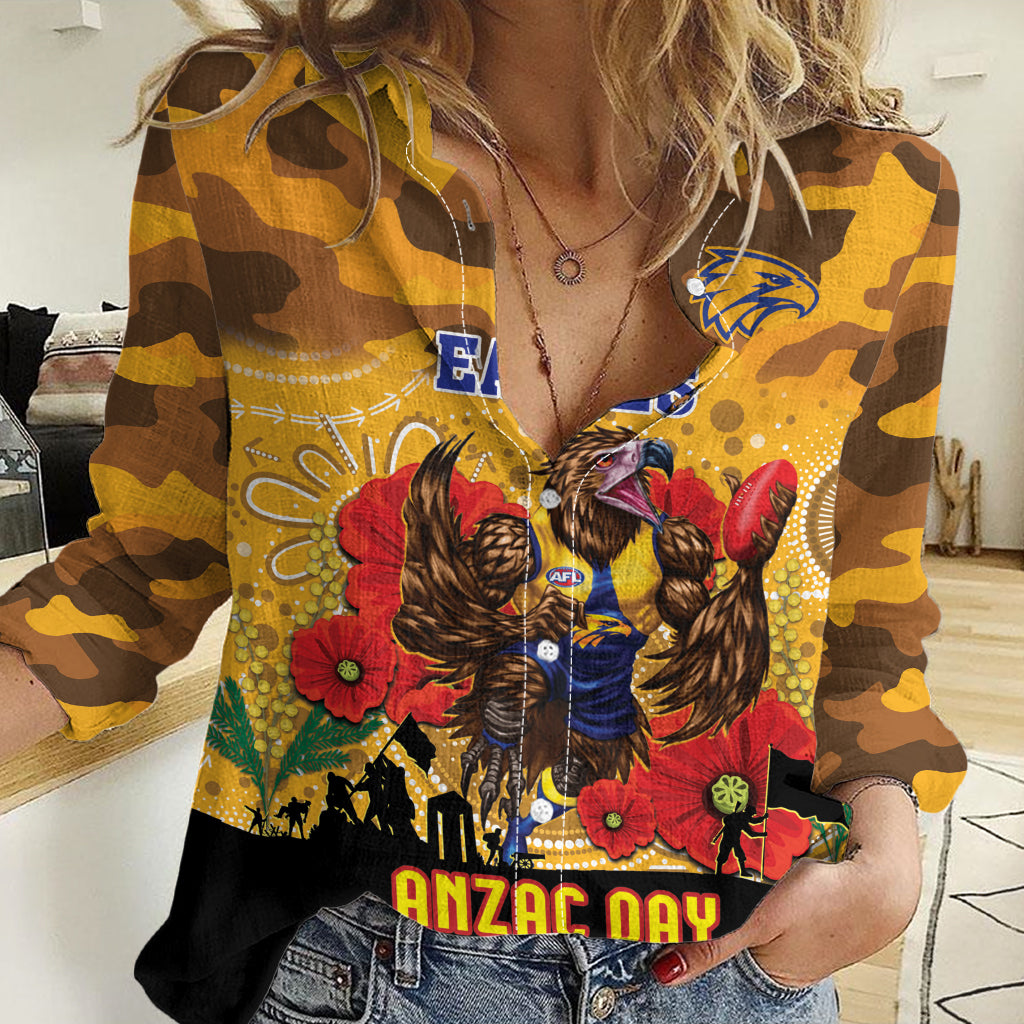 Custom Eagles Football ANZAC Women Casual Shirt Gallipoli Camouflage With Poppies - Vibe Hoodie Shop