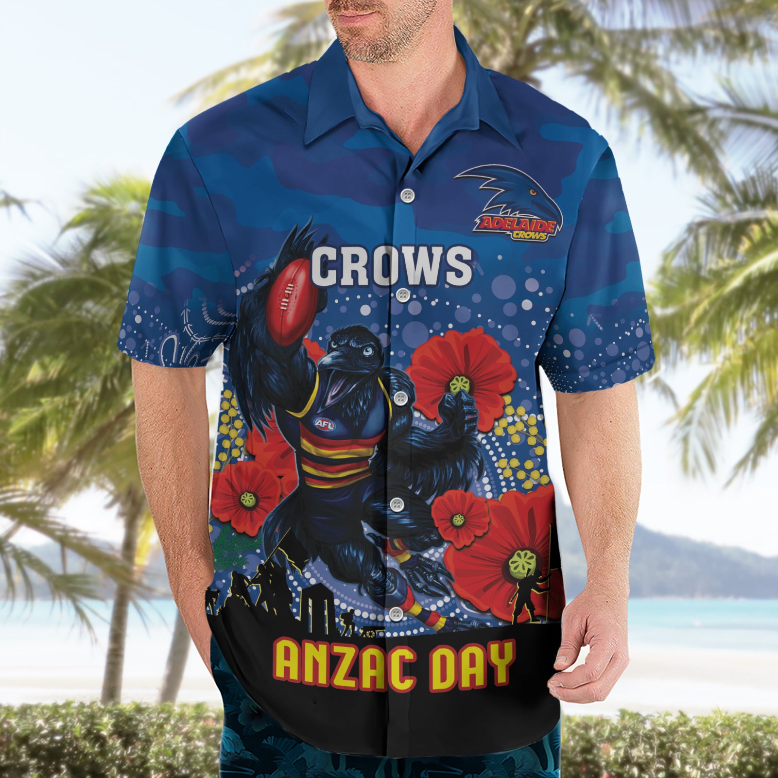 Custom Crows Football ANZAC Hawaiian Shirt Gallipoli Camouflage With Poppies - Vibe Hoodie Shop