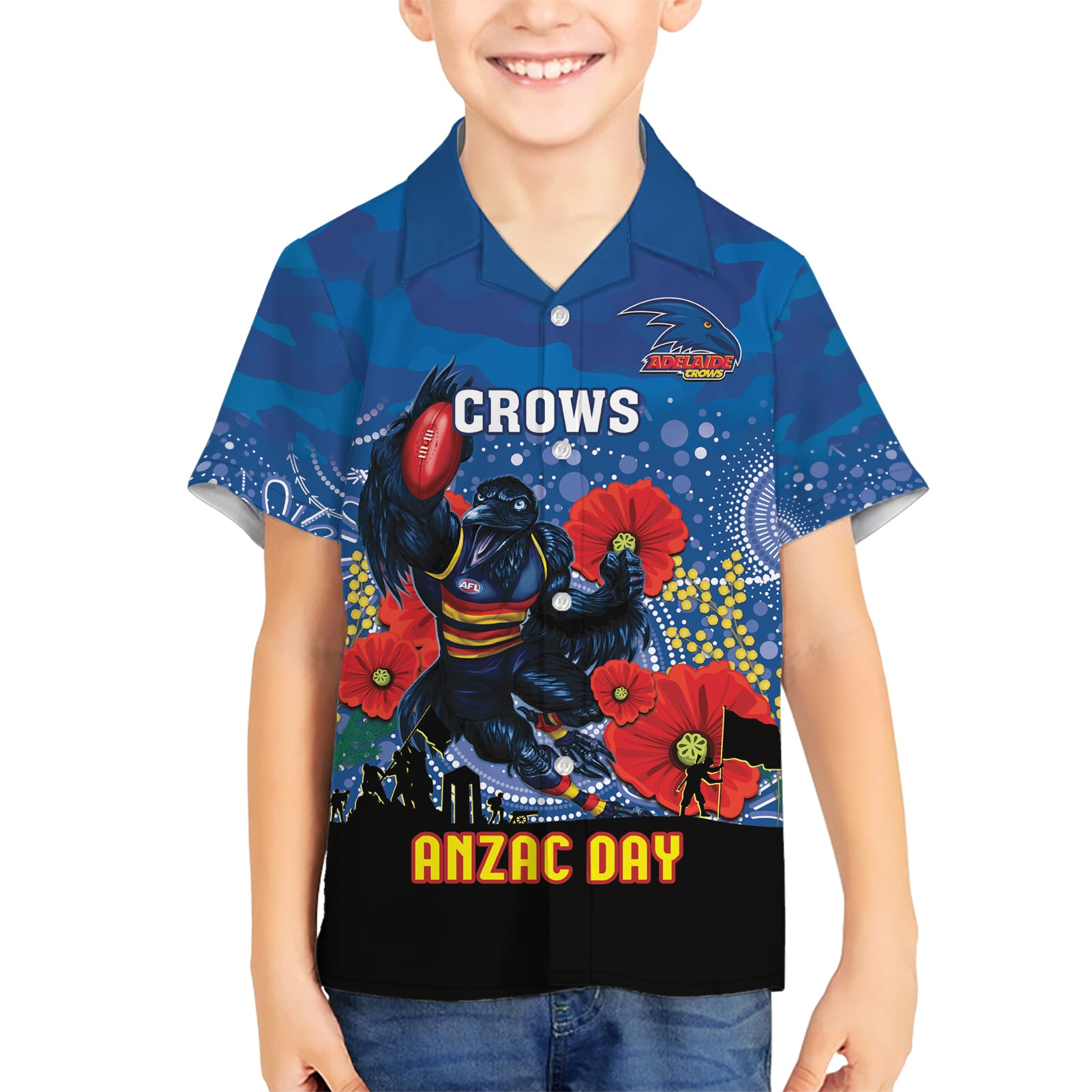 Custom Crows Football ANZAC Hawaiian Shirt Gallipoli Camouflage With Poppies - Vibe Hoodie Shop