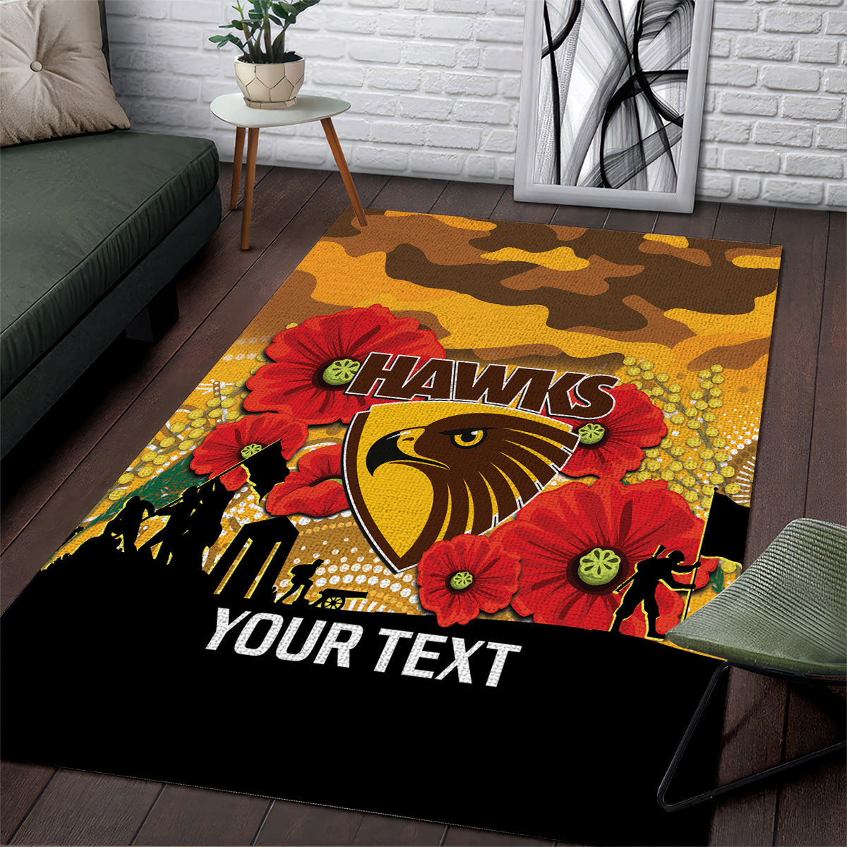 Custom Hawks Football ANZAC Area Rug Gallipoli Camouflage With Poppies - Vibe Hoodie Shop