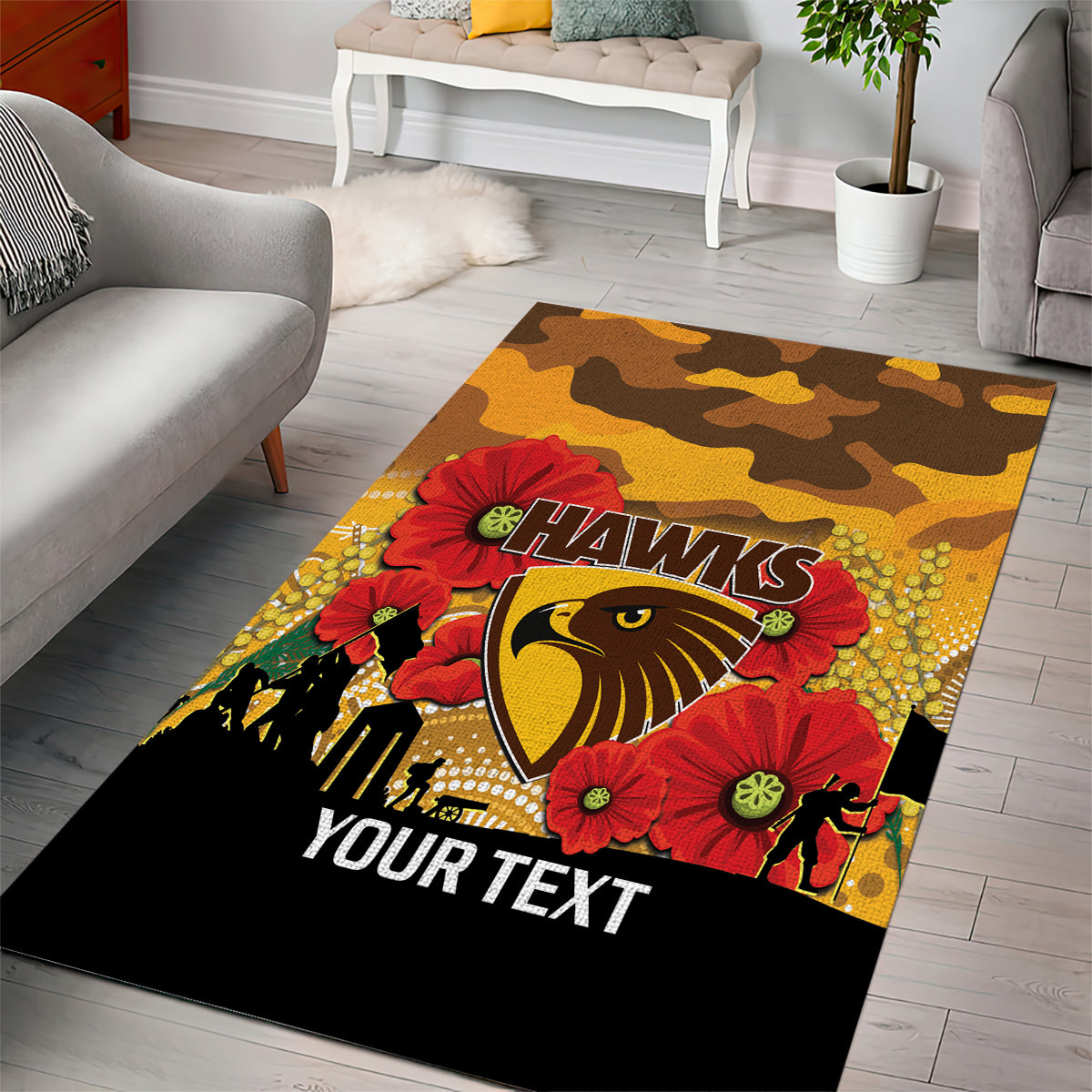 Custom Hawks Football ANZAC Area Rug Gallipoli Camouflage With Poppies - Vibe Hoodie Shop