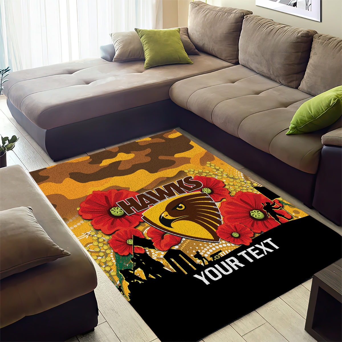 Custom Hawks Football ANZAC Area Rug Gallipoli Camouflage With Poppies - Vibe Hoodie Shop