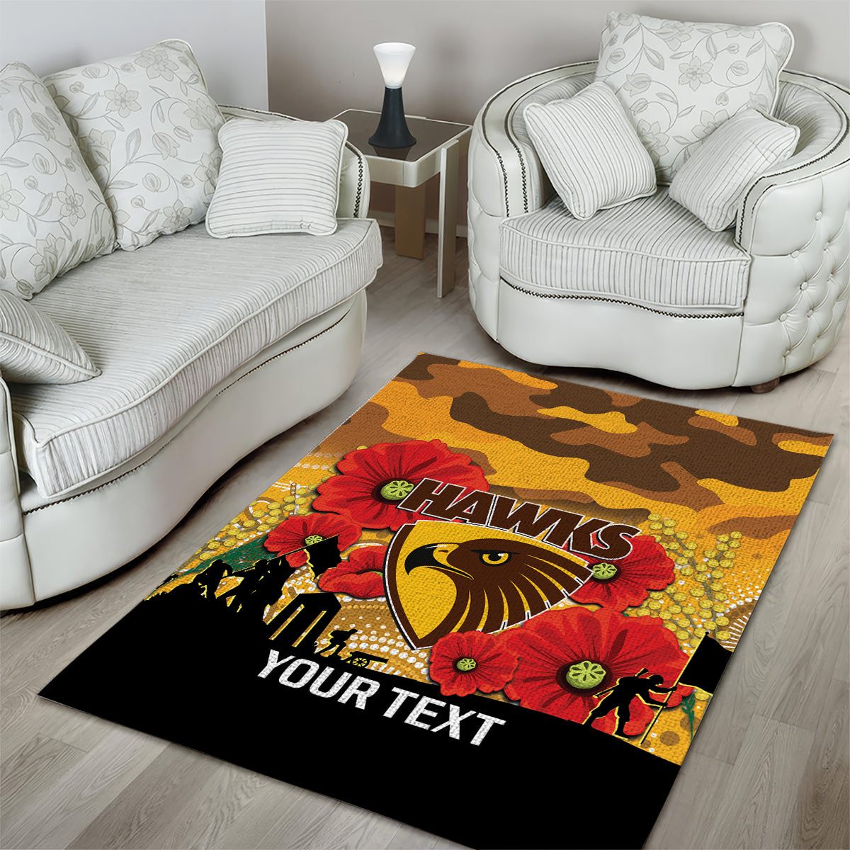 Custom Hawks Football ANZAC Area Rug Gallipoli Camouflage With Poppies - Vibe Hoodie Shop