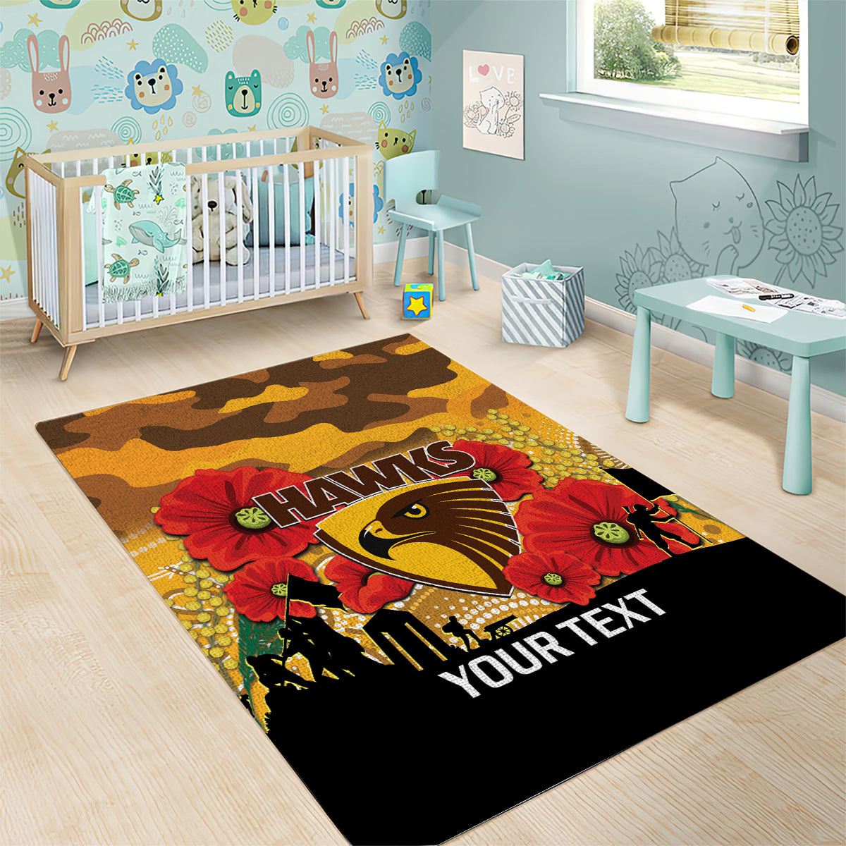 Custom Hawks Football ANZAC Area Rug Gallipoli Camouflage With Poppies - Vibe Hoodie Shop