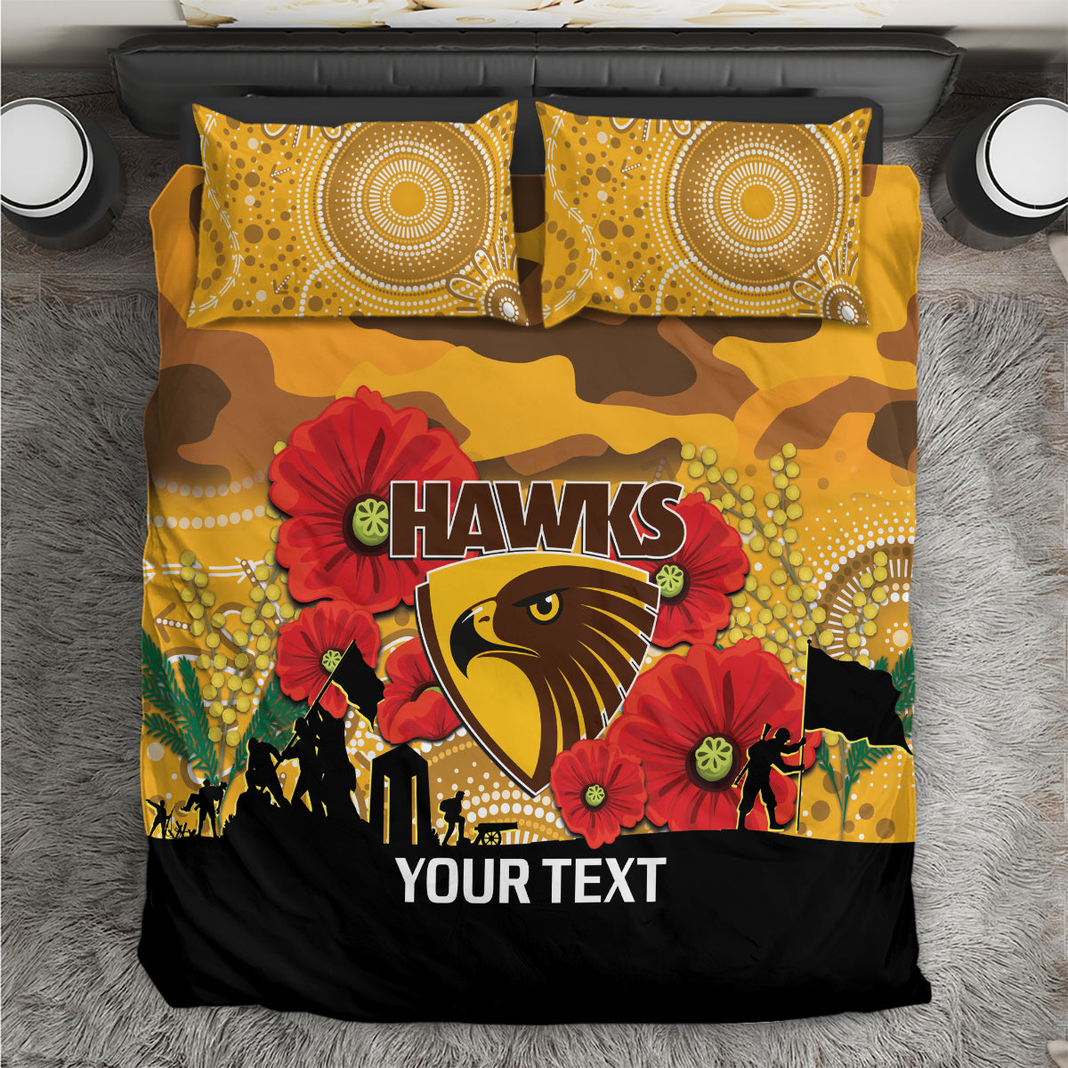Custom Hawks Football ANZAC Bedding Set Gallipoli Camouflage With Poppies - Vibe Hoodie Shop