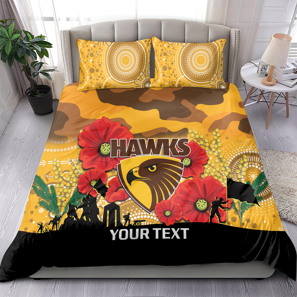 Custom Hawks Football ANZAC Bedding Set Gallipoli Camouflage With Poppies - Vibe Hoodie Shop