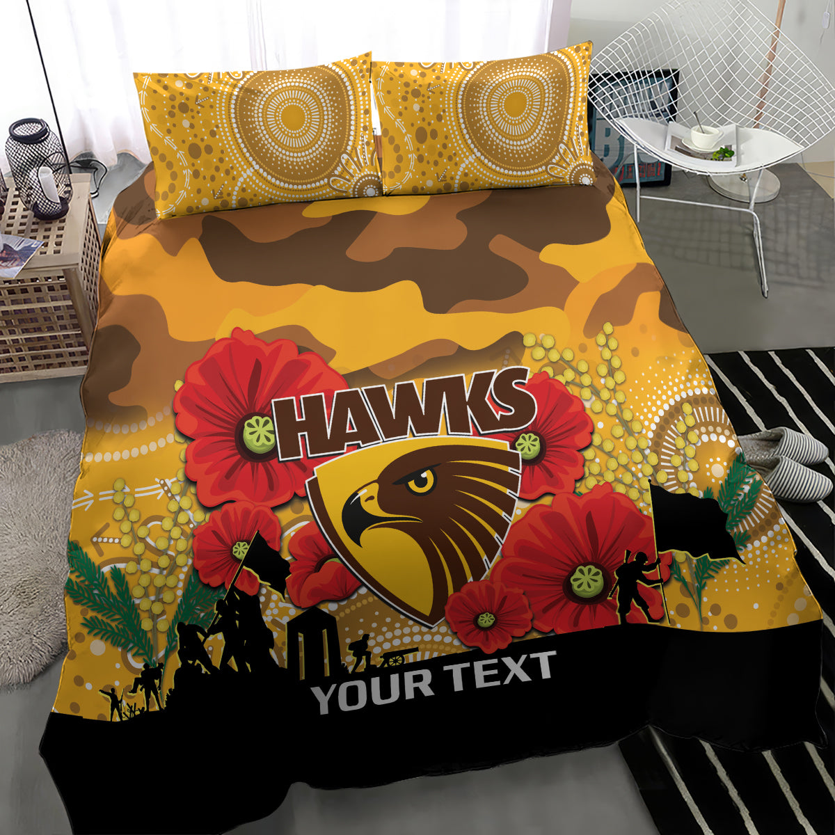 Custom Hawks Football ANZAC Bedding Set Gallipoli Camouflage With Poppies - Vibe Hoodie Shop