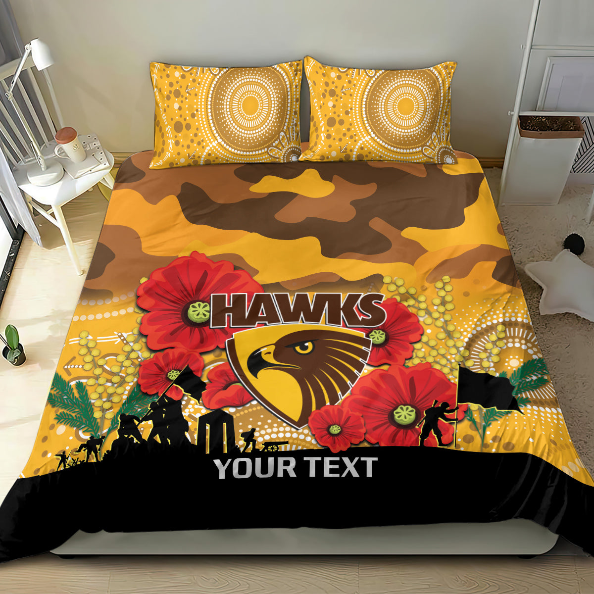 Custom Hawks Football ANZAC Bedding Set Gallipoli Camouflage With Poppies - Vibe Hoodie Shop