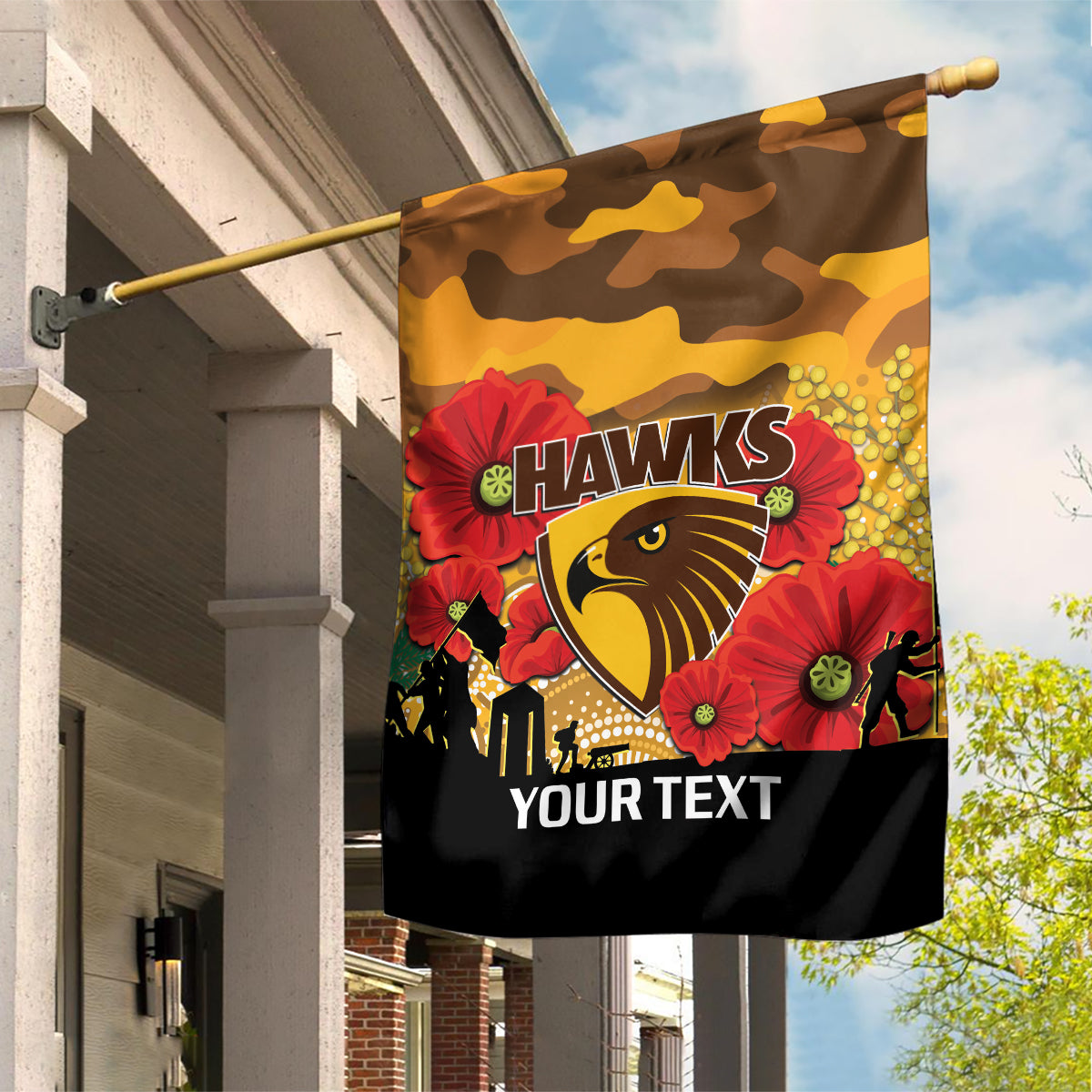 Custom Hawks Football ANZAC Garden Flag Gallipoli Camouflage With Poppies - Vibe Hoodie Shop