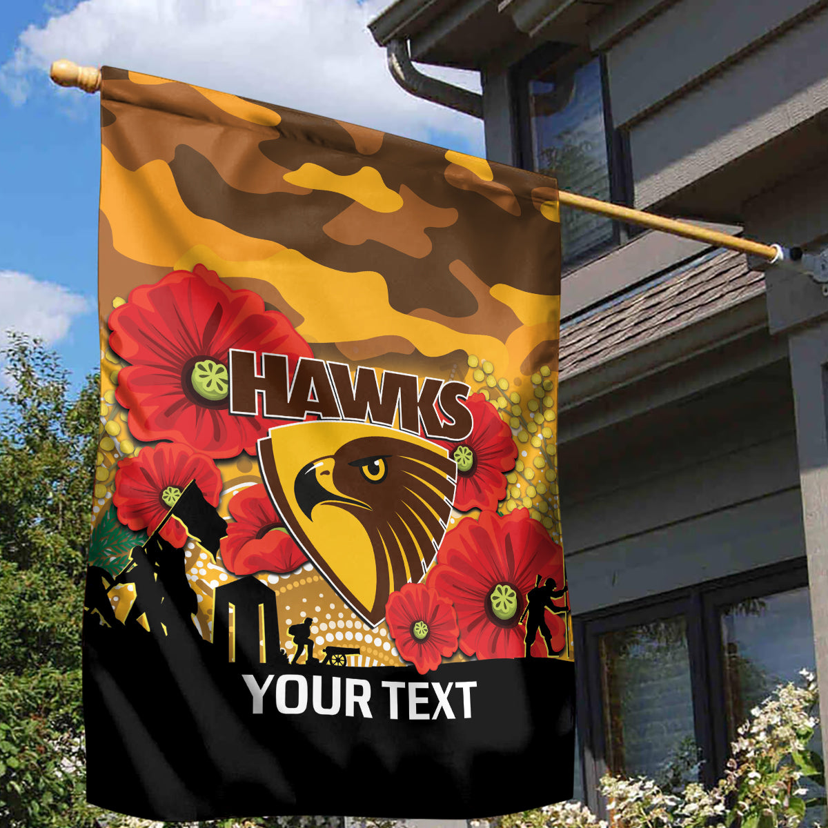 Custom Hawks Football ANZAC Garden Flag Gallipoli Camouflage With Poppies - Vibe Hoodie Shop