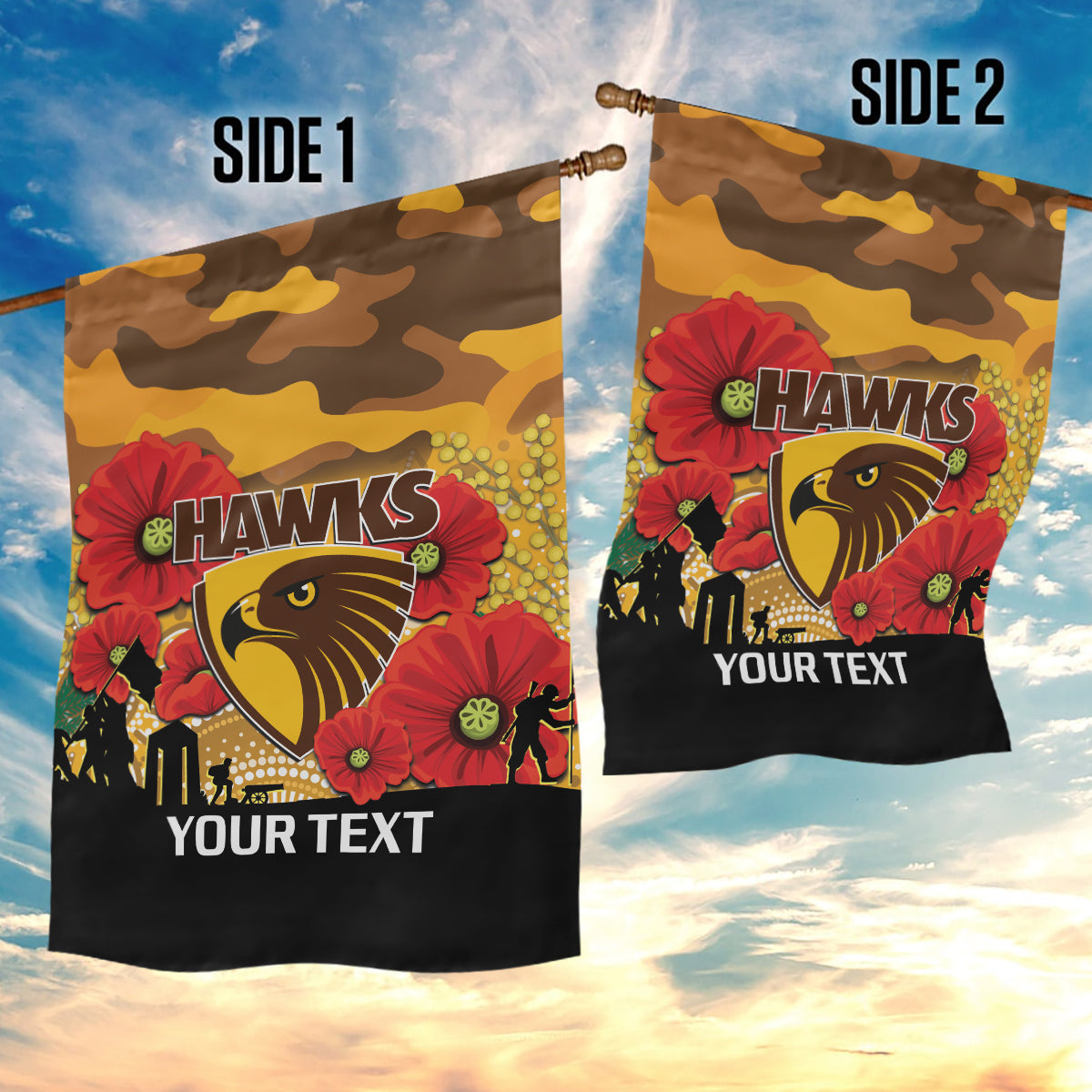 Custom Hawks Football ANZAC Garden Flag Gallipoli Camouflage With Poppies - Vibe Hoodie Shop