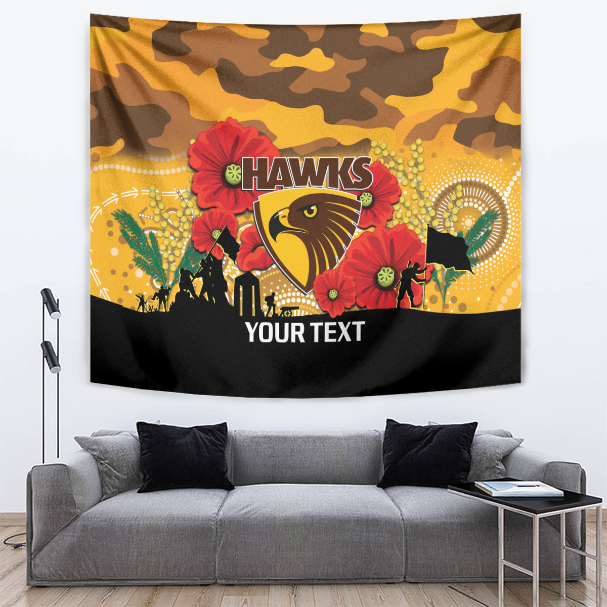 Custom Hawks Football ANZAC Tapestry Gallipoli Camouflage With Poppies - Vibe Hoodie Shop