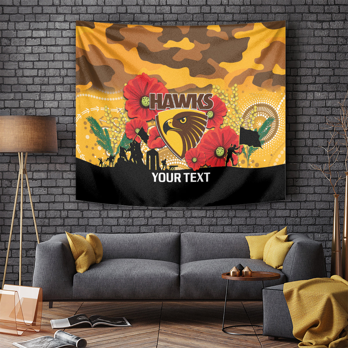 Custom Hawks Football ANZAC Tapestry Gallipoli Camouflage With Poppies - Vibe Hoodie Shop