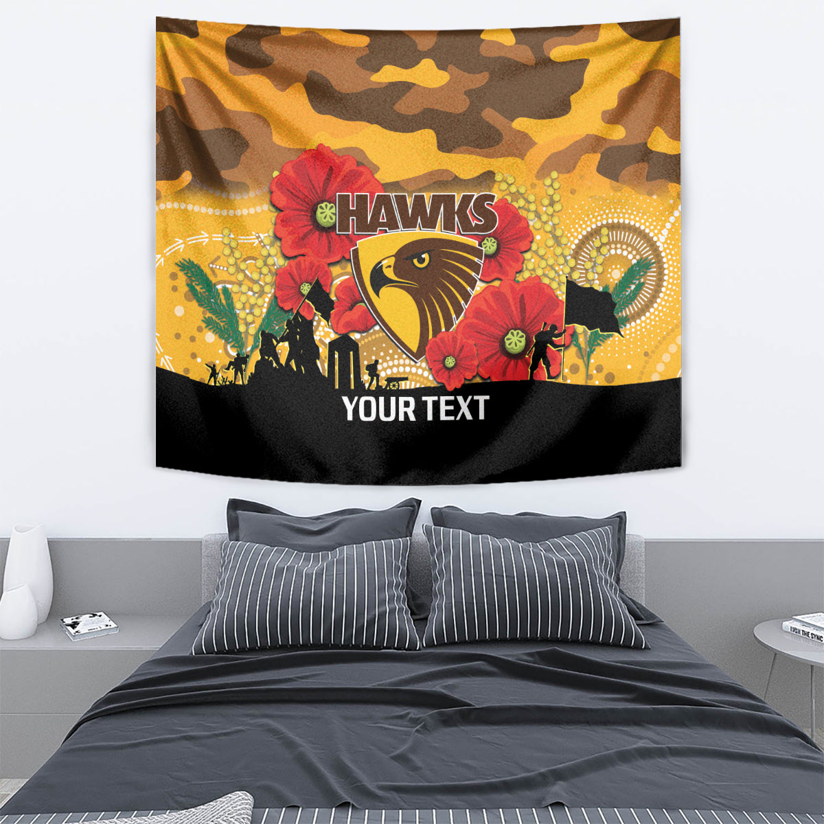 Custom Hawks Football ANZAC Tapestry Gallipoli Camouflage With Poppies - Vibe Hoodie Shop