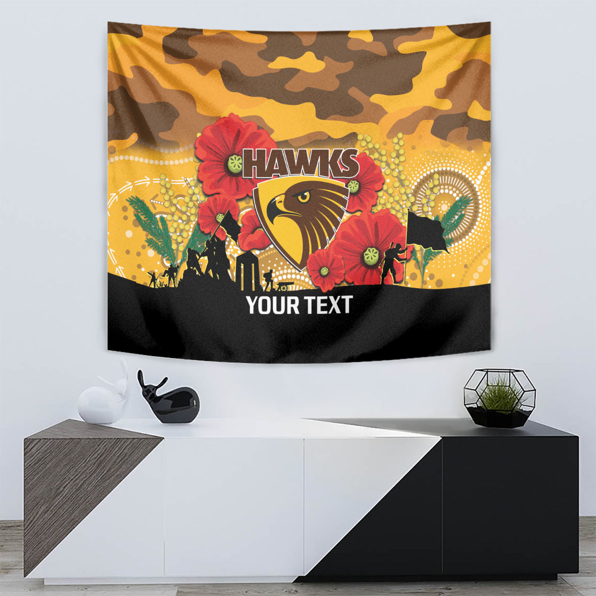 Custom Hawks Football ANZAC Tapestry Gallipoli Camouflage With Poppies - Vibe Hoodie Shop