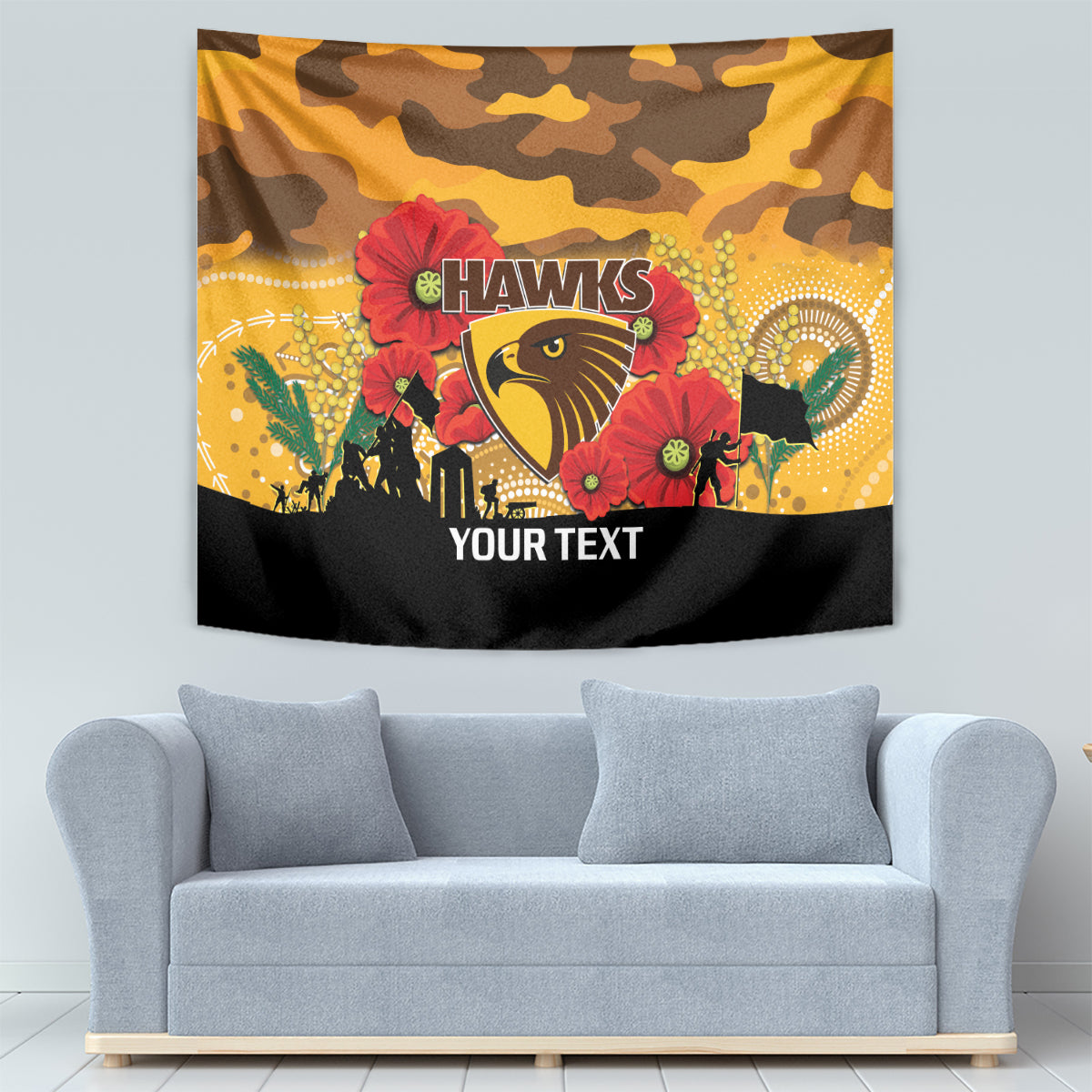 Custom Hawks Football ANZAC Tapestry Gallipoli Camouflage With Poppies - Vibe Hoodie Shop