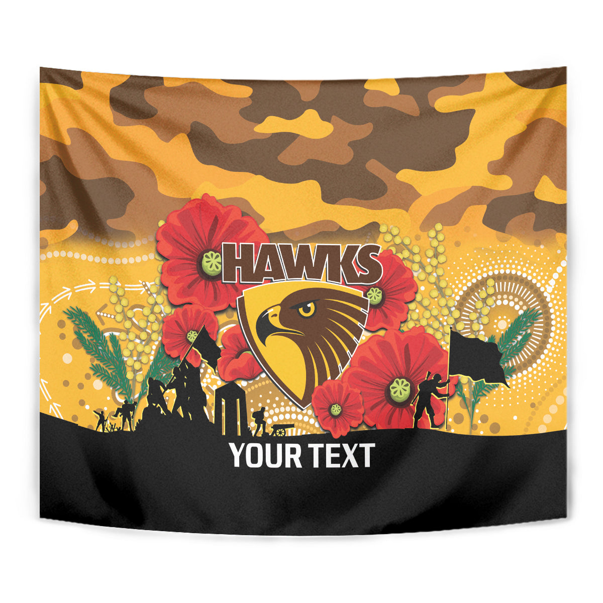 Custom Hawks Football ANZAC Tapestry Gallipoli Camouflage With Poppies - Vibe Hoodie Shop