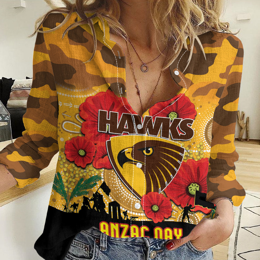 Custom Hawks Football ANZAC Women Casual Shirt Gallipoli Camouflage With Poppies - Vibe Hoodie Shop
