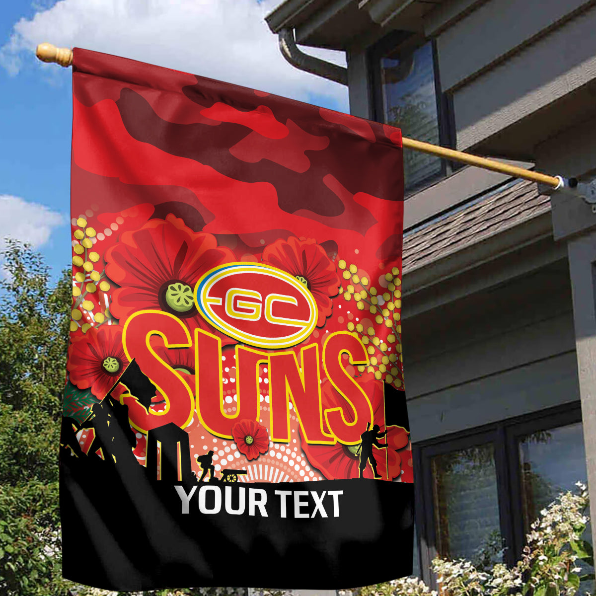 Custom Suns Football ANZAC Garden Flag Gallipoli Camouflage With Poppies - Vibe Hoodie Shop