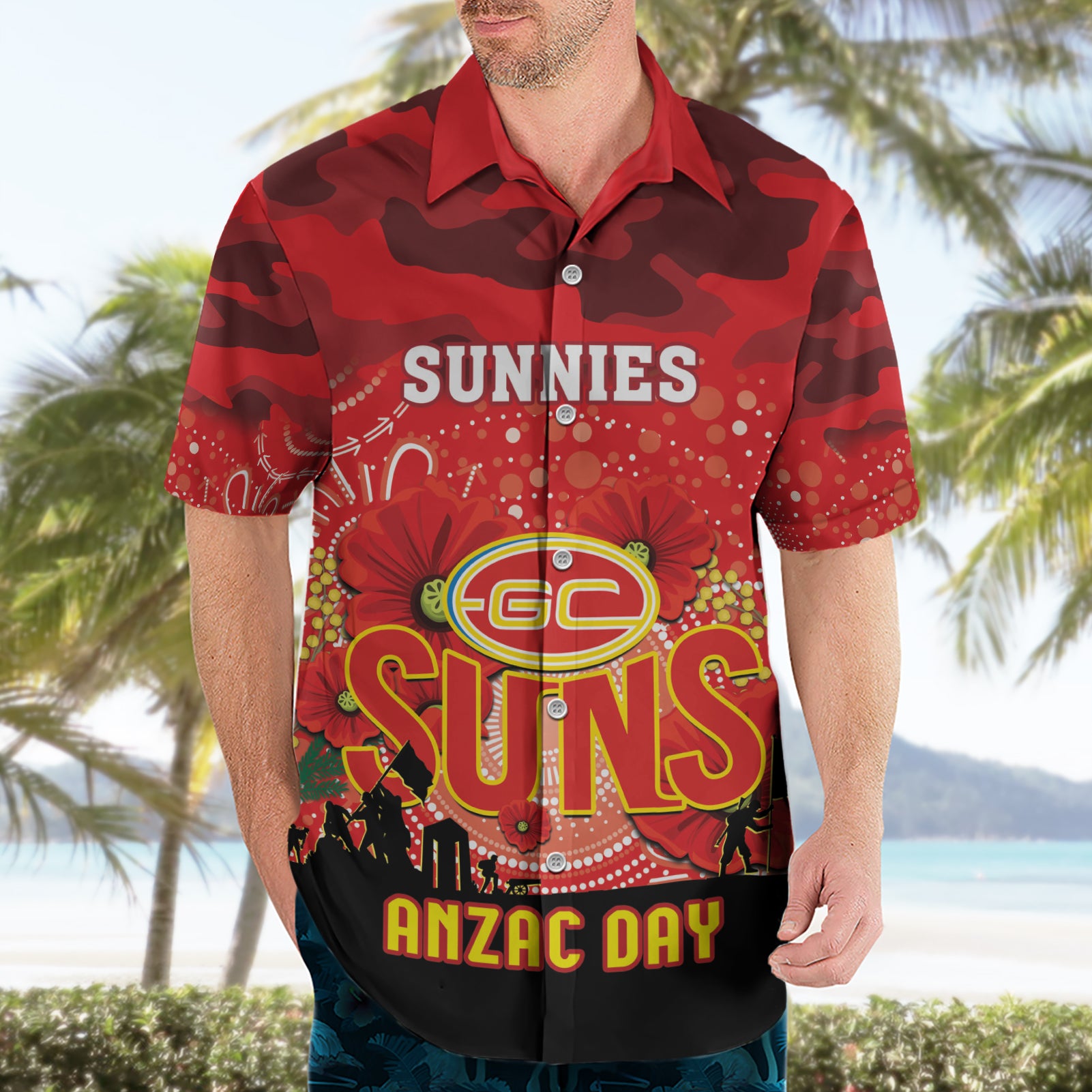 Custom Suns Football ANZAC Hawaiian Shirt Gallipoli Camouflage With Poppies - Vibe Hoodie Shop