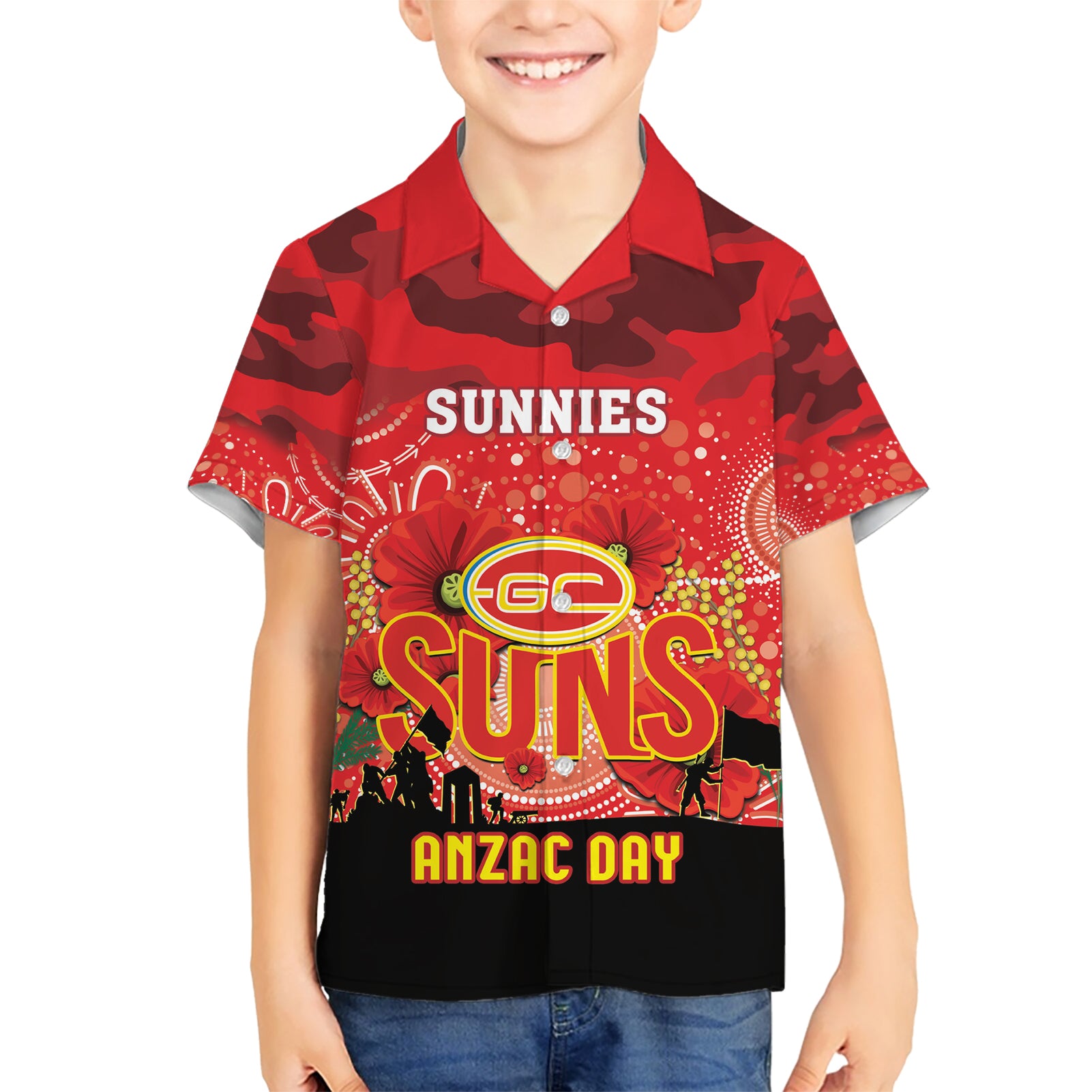 Custom Suns Football ANZAC Hawaiian Shirt Gallipoli Camouflage With Poppies - Vibe Hoodie Shop