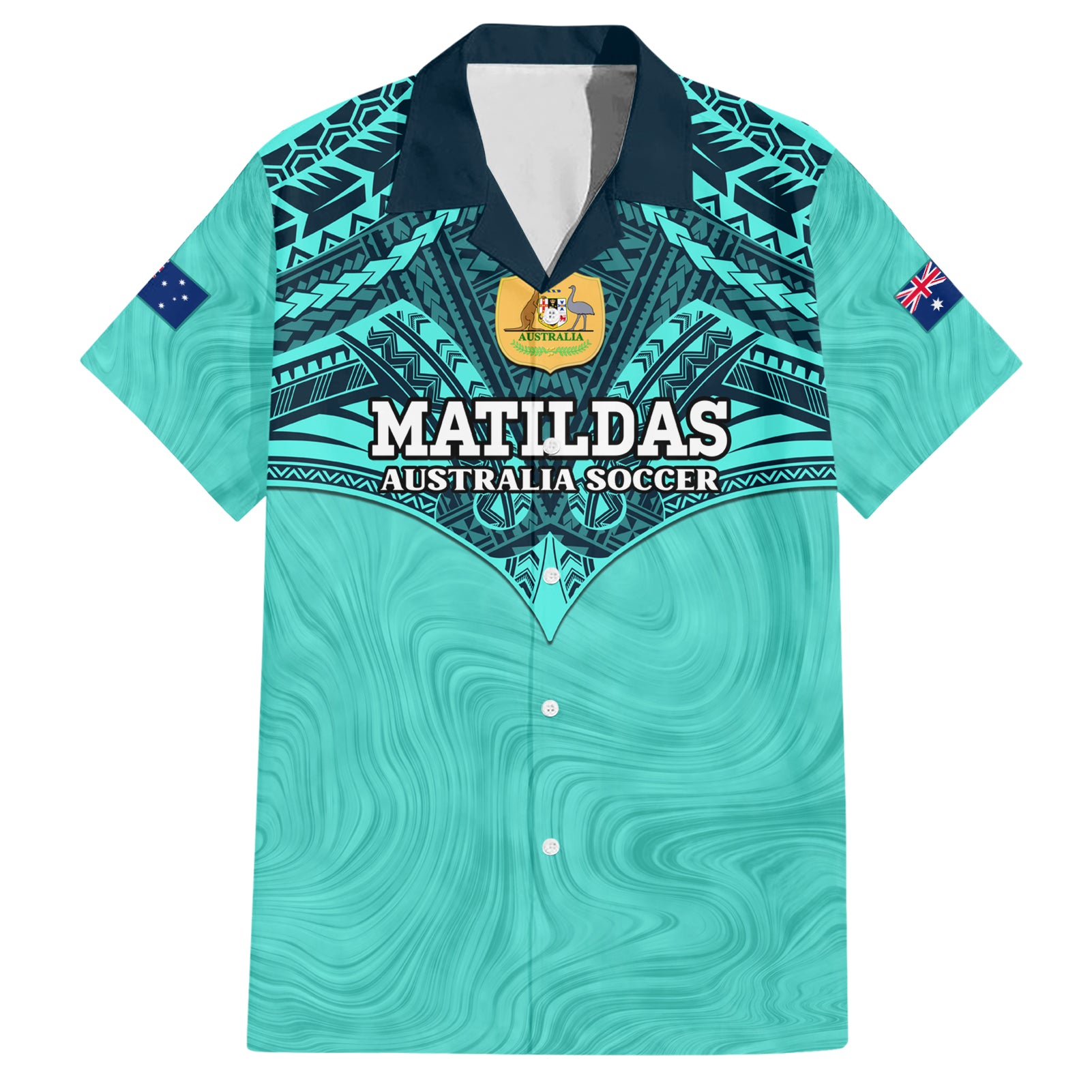 Custom Australia Matildas Hawaiian Shirt Polynesian Mix Turquoise Marble - Vibe Hoodie Shop