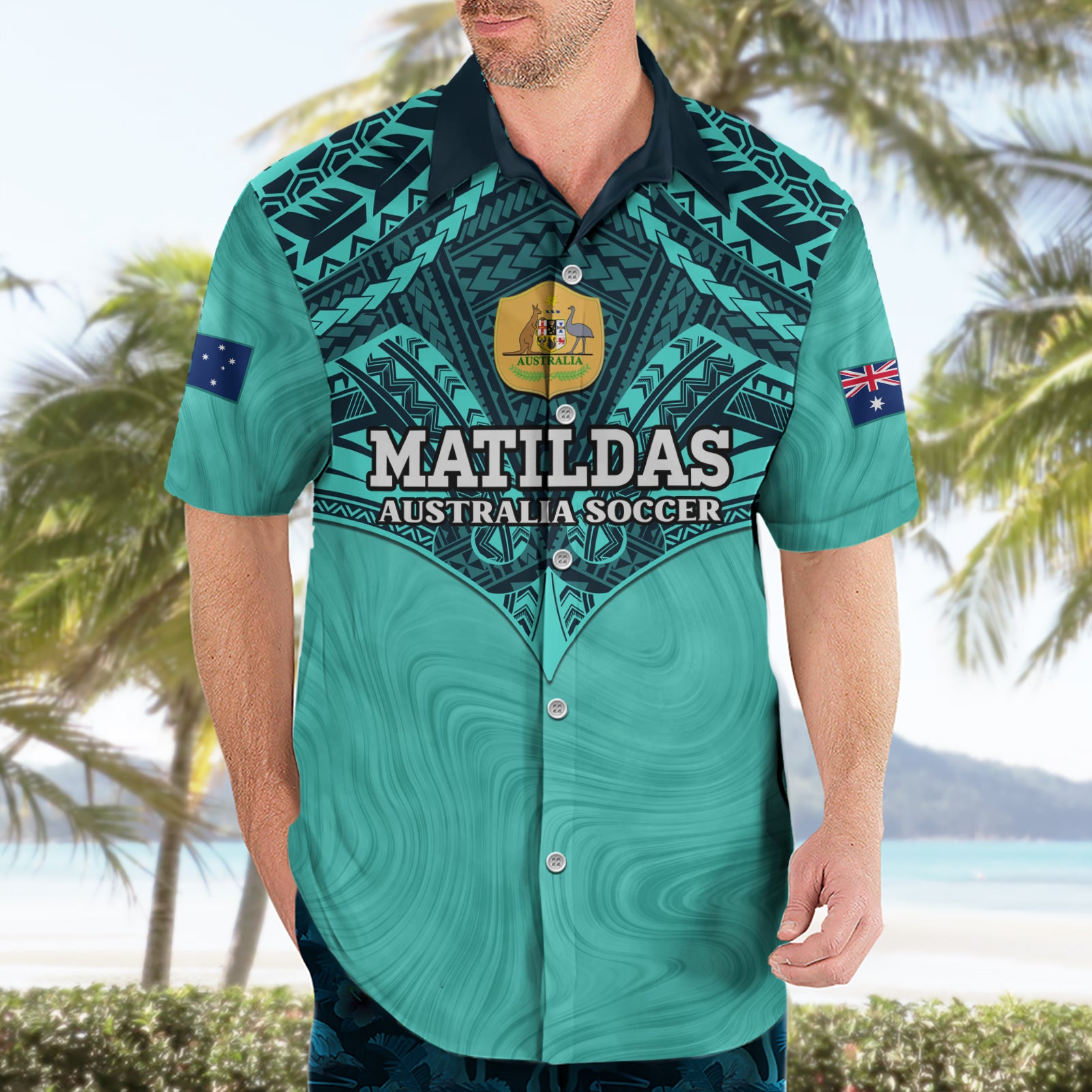 Custom Australia Matildas Hawaiian Shirt Polynesian Mix Turquoise Marble - Vibe Hoodie Shop