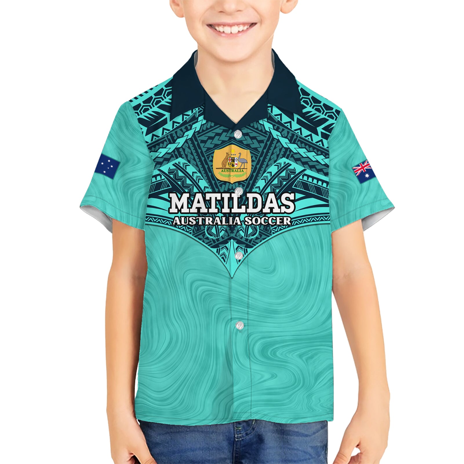 Custom Australia Matildas Hawaiian Shirt Polynesian Mix Turquoise Marble - Vibe Hoodie Shop