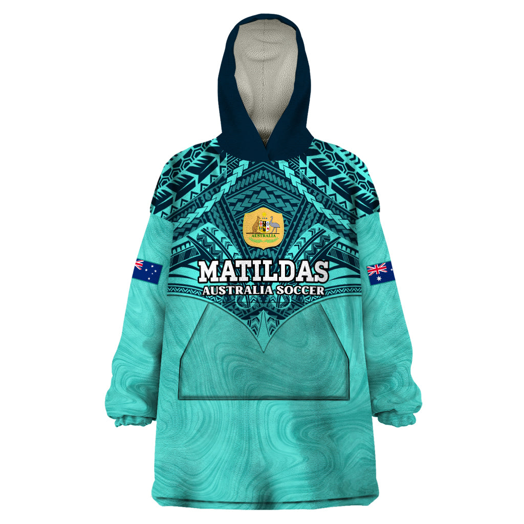 Custom Australia Matildas Wearable Blanket Hoodie Polynesian Mix Turquoise Marble - Vibe Hoodie Shop