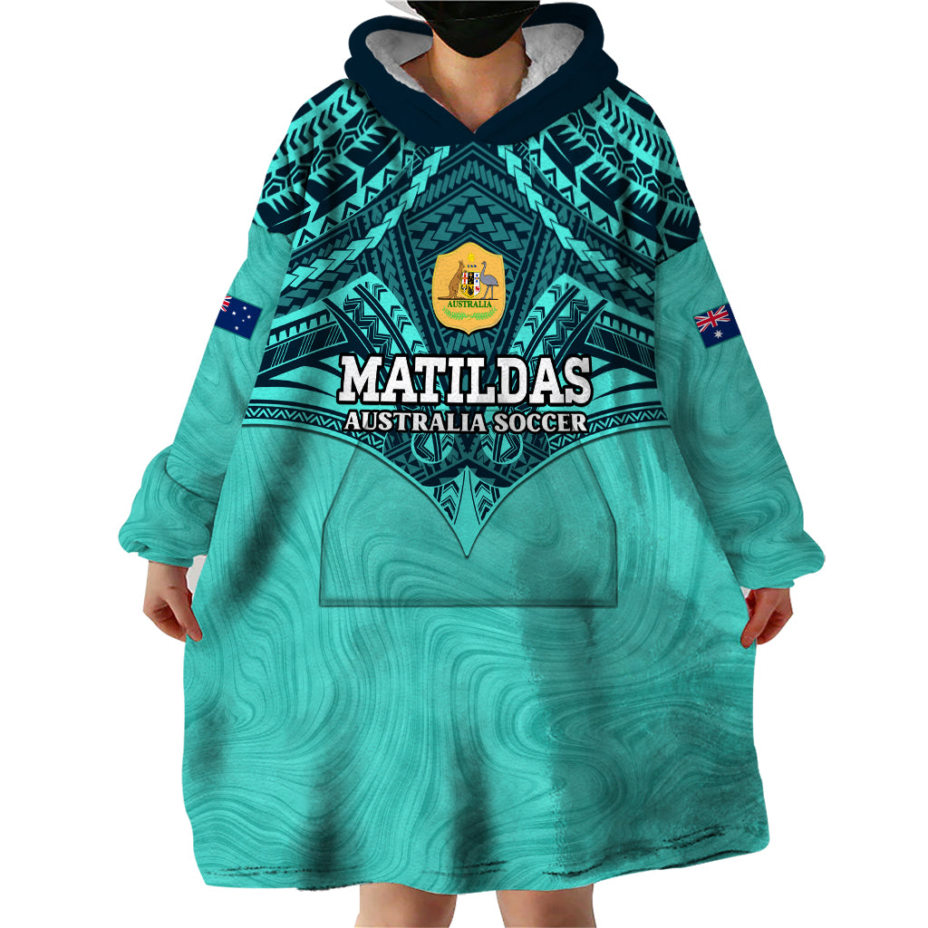 Custom Australia Matildas Wearable Blanket Hoodie Polynesian Mix Turquoise Marble - Vibe Hoodie Shop