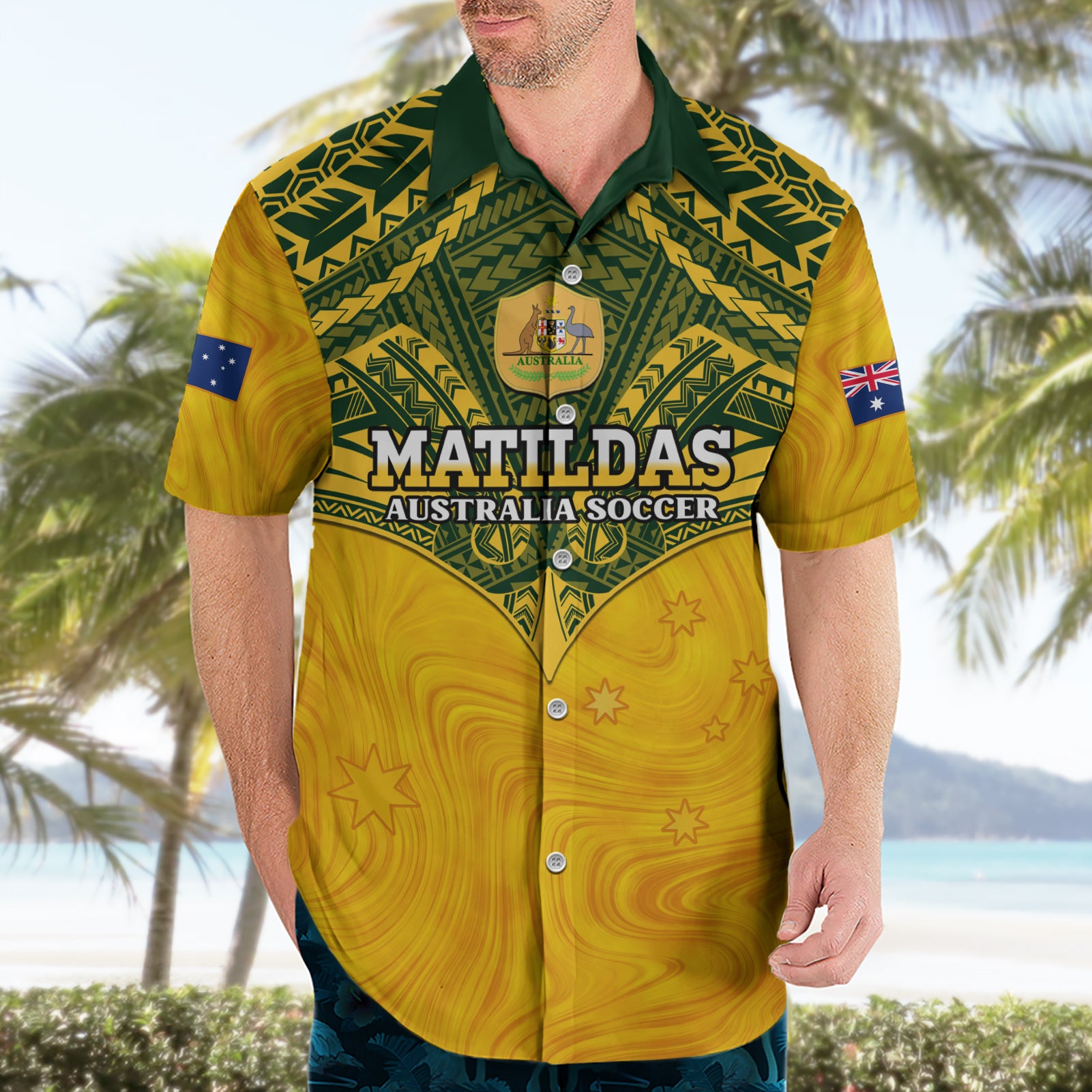 Custom Australia Matildas Hawaiian Shirt Polynesian Mix Gold Marble - Vibe Hoodie Shop