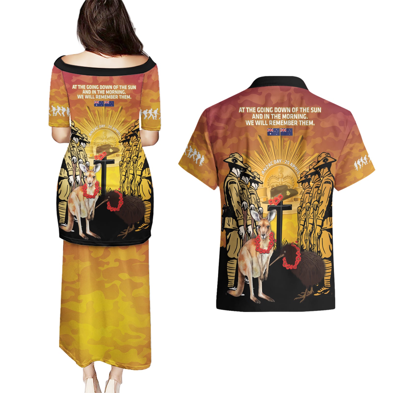 Australia And New Zealand ANZAC Couples Matching Puletasi and Hawaiian Shirt Aussie Kangaroo With Aotearoa Kiwi Lest We Forget