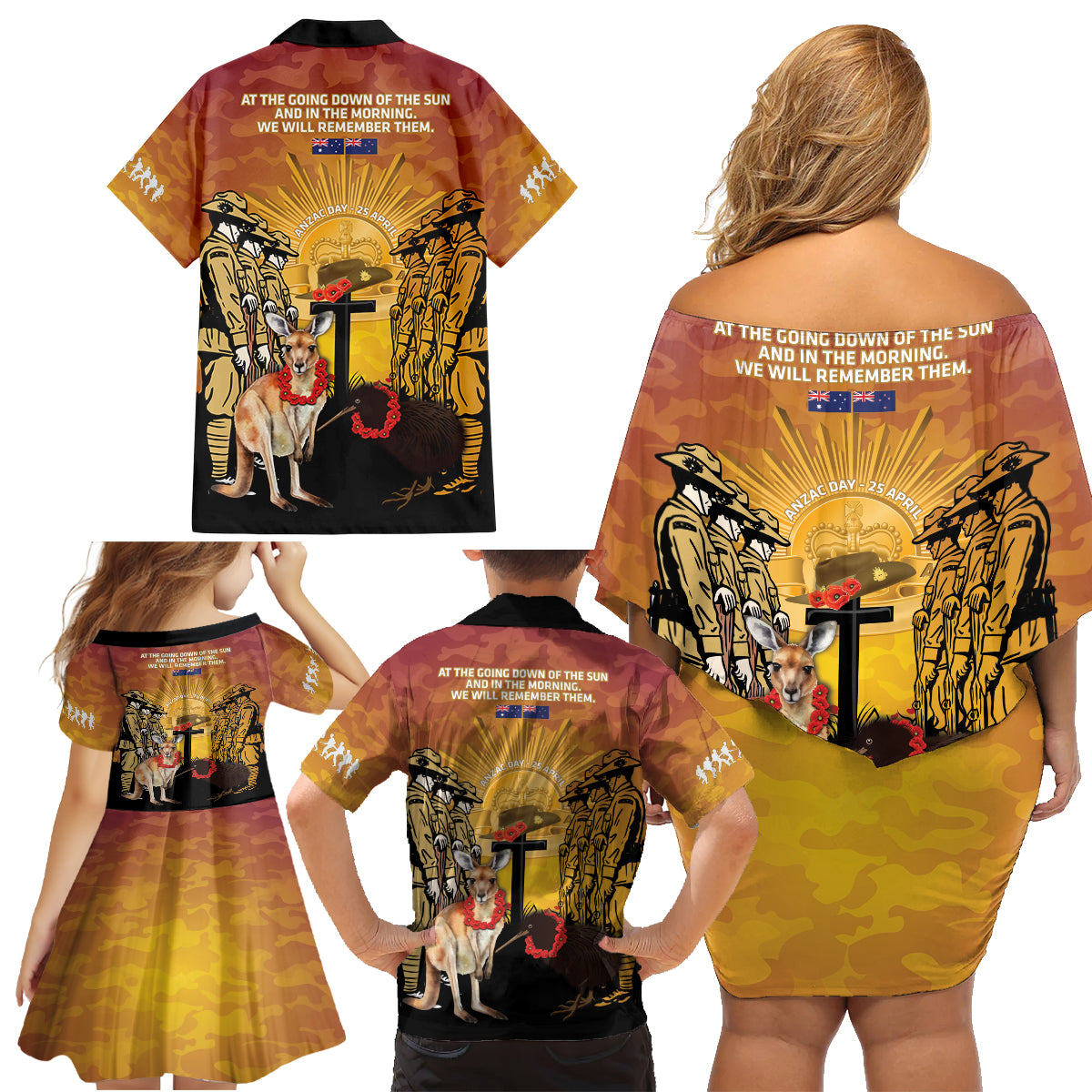 Australia And New Zealand ANZAC Family Matching Off Shoulder Short Dress and Hawaiian Shirt Aussie Kangaroo With Aotearoa Kiwi Lest We Forget