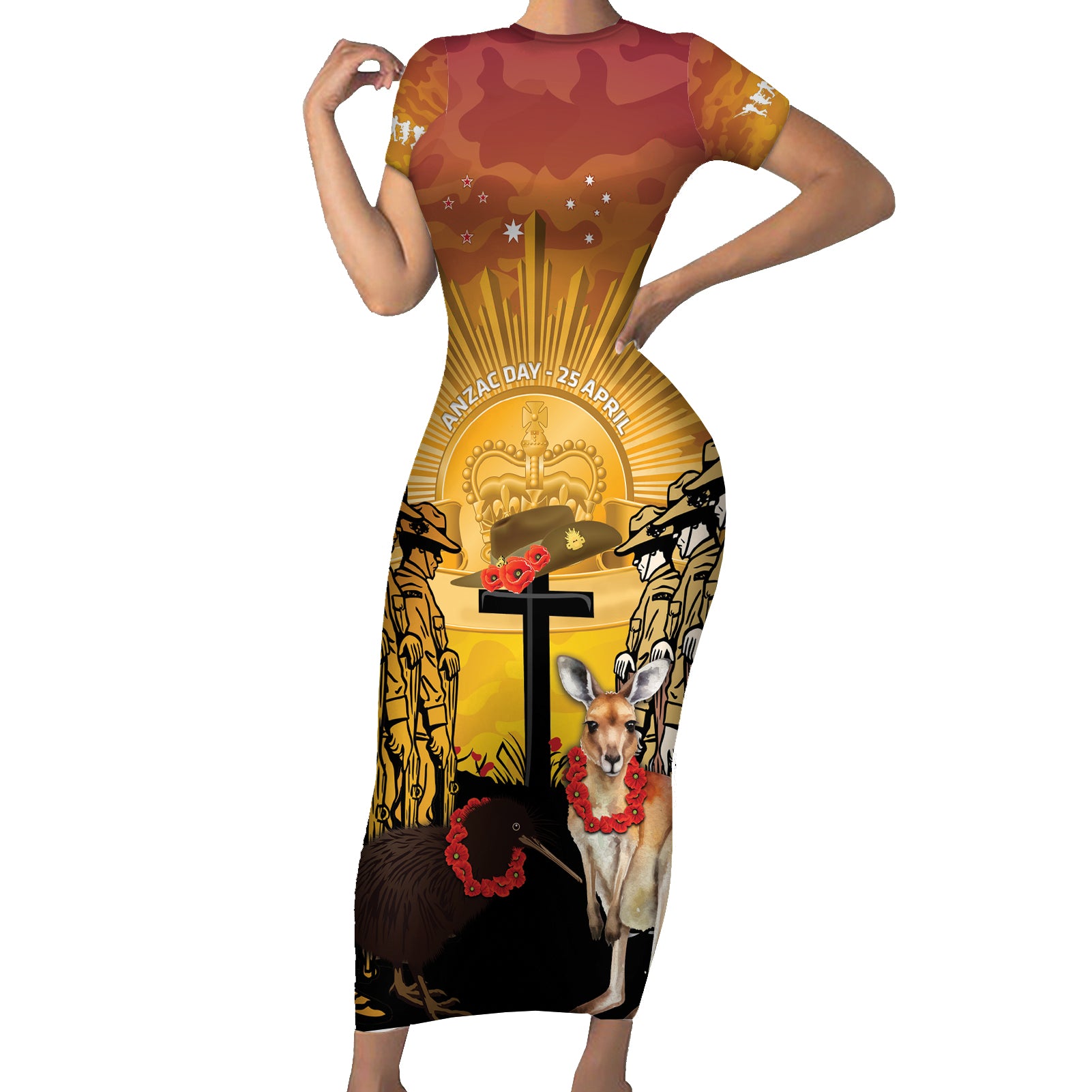 Australia And New Zealand ANZAC Family Matching Short Sleeve Bodycon Dress and Hawaiian Shirt Aussie Kangaroo With Aotearoa Kiwi Lest We Forget