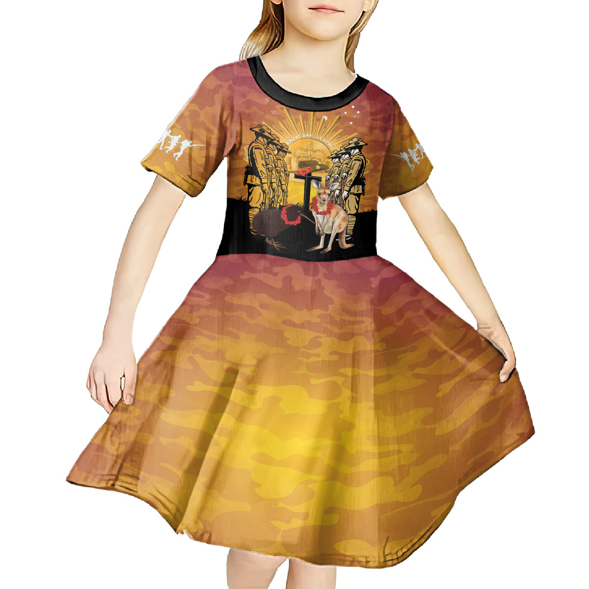 Australia And New Zealand ANZAC Kid Short Sleeve Dress Aussie Kangaroo With Aotearoa Kiwi Lest We Forget - Vibe Hoodie Shop