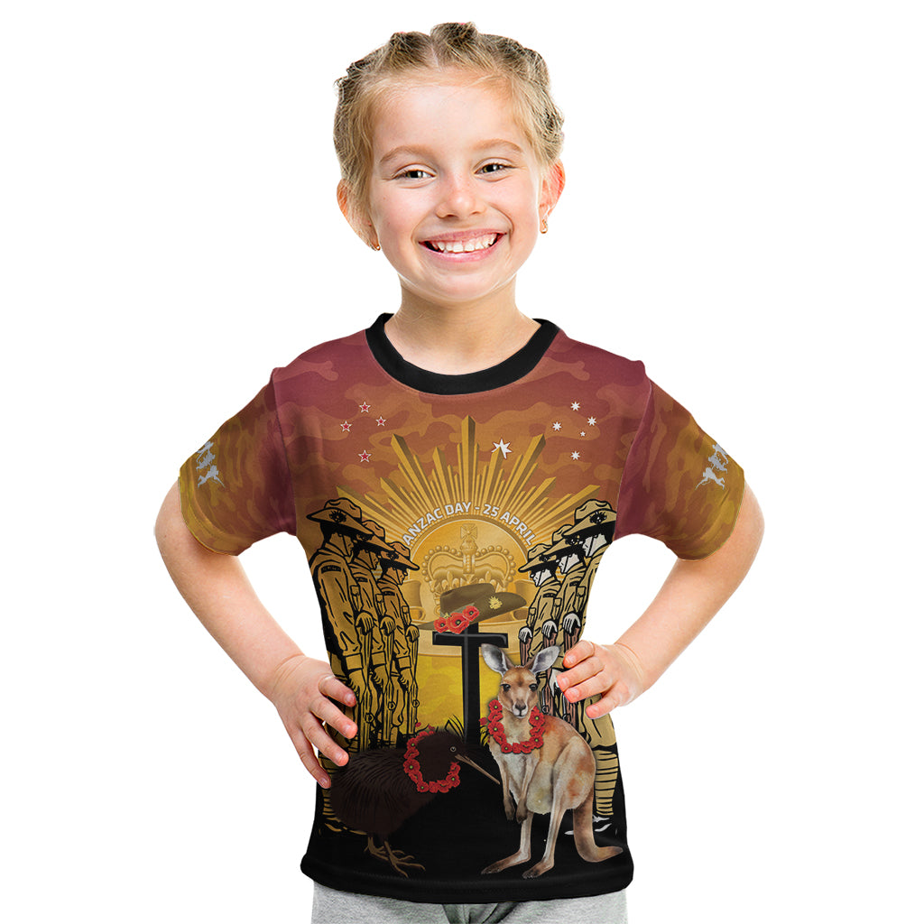 Australia And New Zealand ANZAC Kid T Shirt Aussie Kangaroo With Aotearoa Kiwi Lest We Forget - Vibe Hoodie Shop