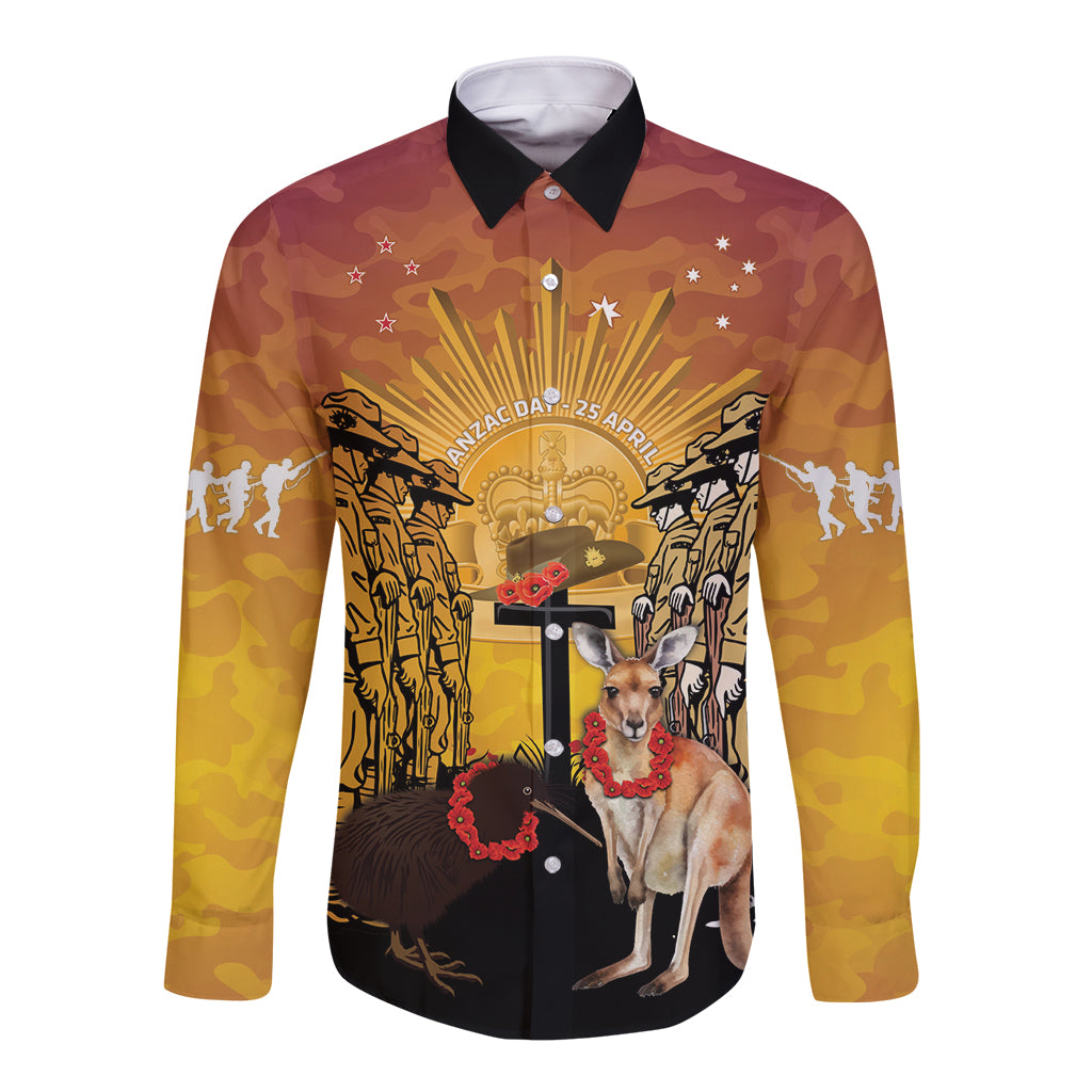 Australia And New Zealand ANZAC Long Sleeve Button Shirt Aussie Kangaroo With Aotearoa Kiwi Lest We Forget - Vibe Hoodie Shop