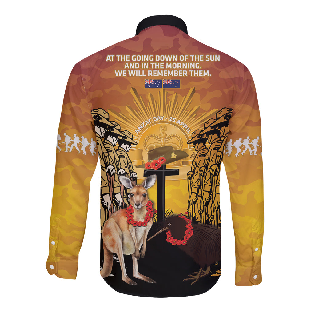 Australia And New Zealand ANZAC Long Sleeve Button Shirt Aussie Kangaroo With Aotearoa Kiwi Lest We Forget - Vibe Hoodie Shop