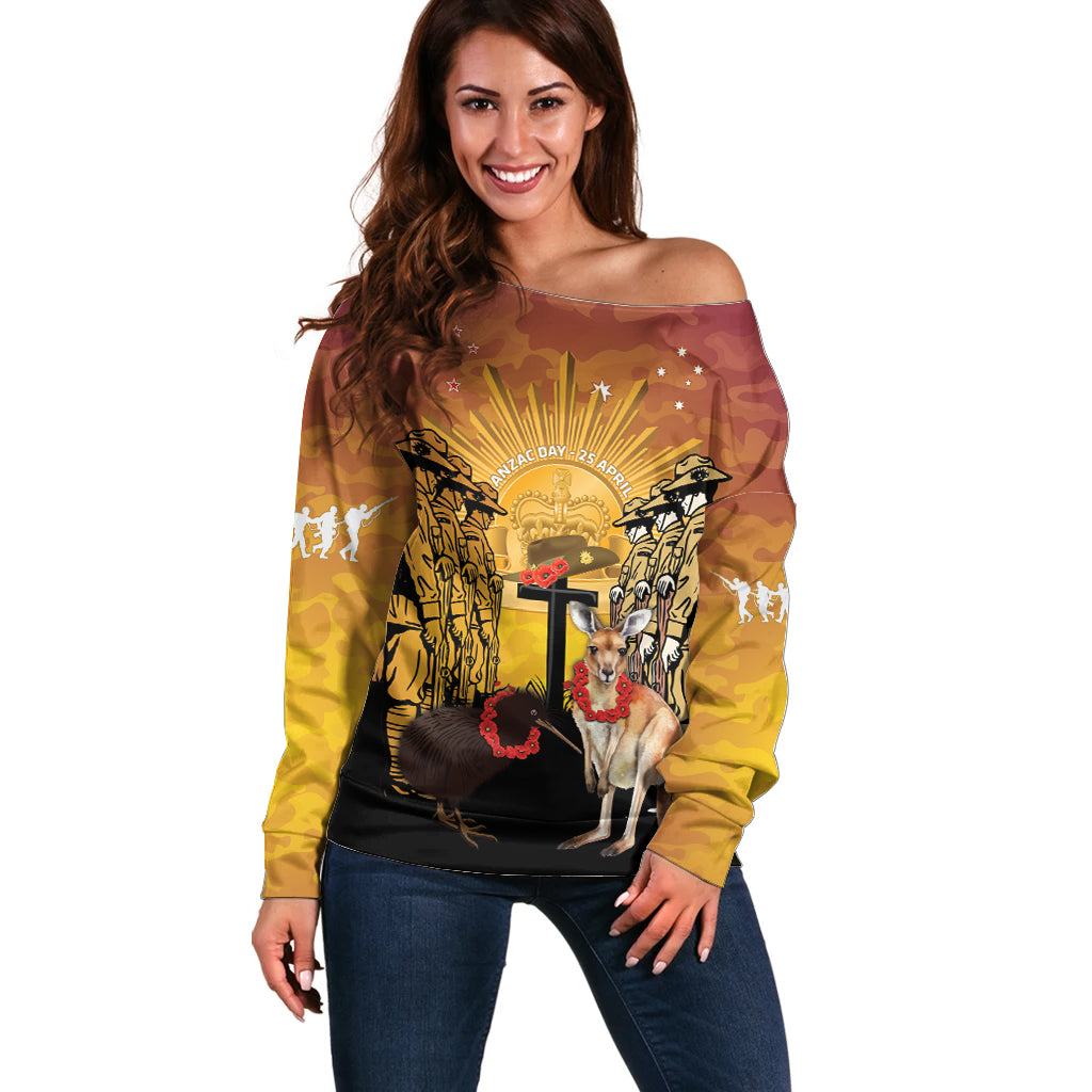 Australia And New Zealand ANZAC Off Shoulder Sweater Aussie Kangaroo With Aotearoa Kiwi Lest We Forget - Vibe Hoodie Shop