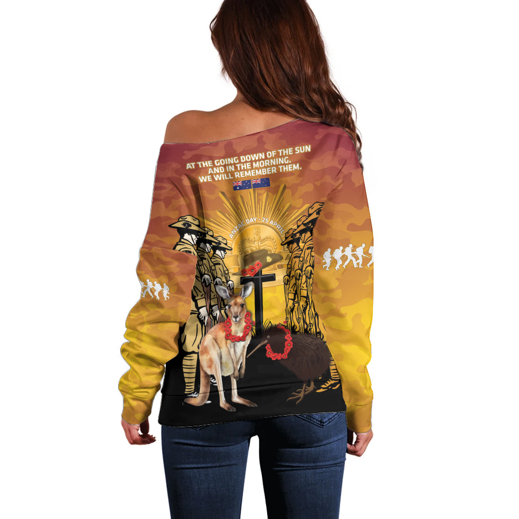 Australia And New Zealand ANZAC Off Shoulder Sweater Aussie Kangaroo With Aotearoa Kiwi Lest We Forget - Vibe Hoodie Shop