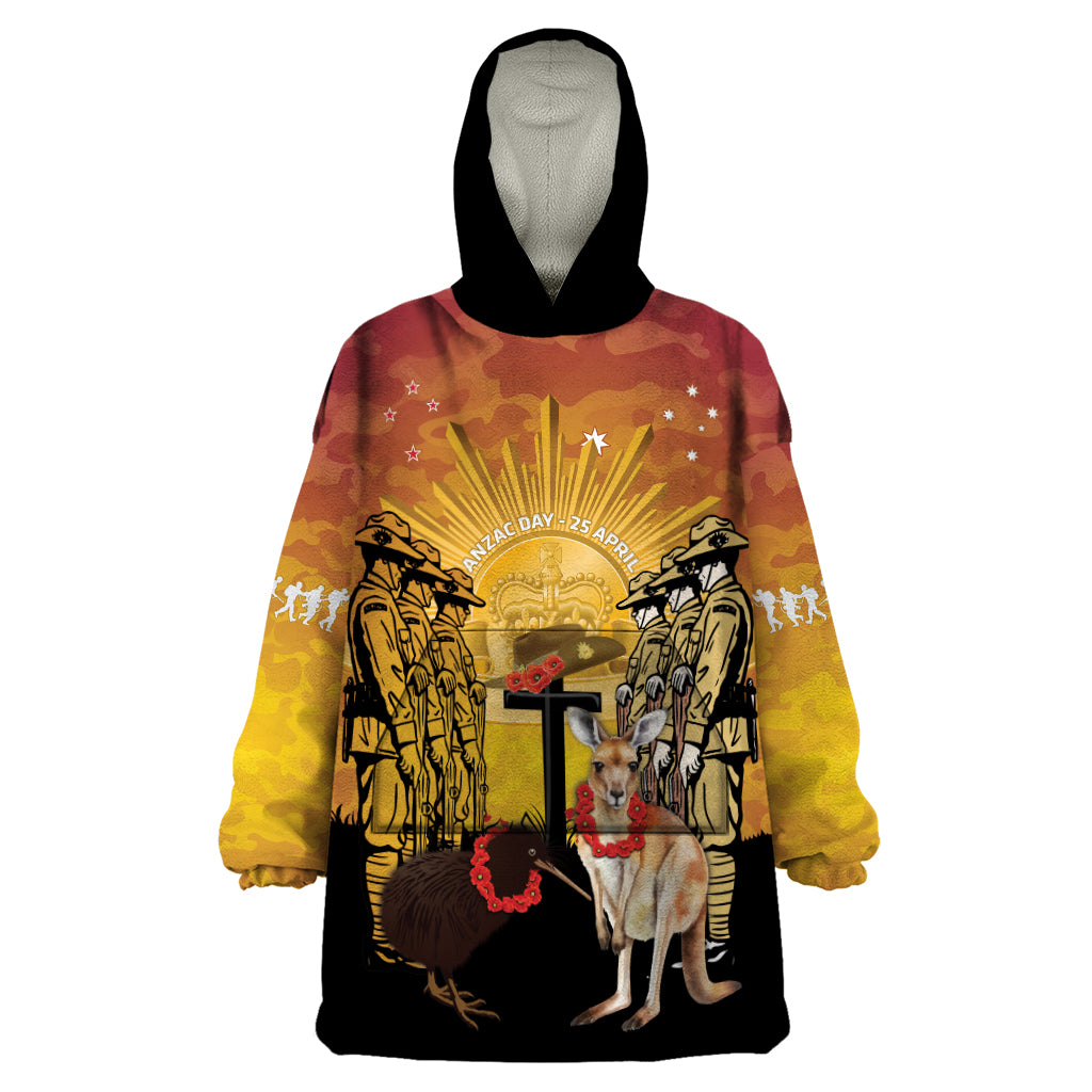 Australia And New Zealand ANZAC Wearable Blanket Hoodie Aussie Kangaroo With Aotearoa Kiwi Lest We Forget - Vibe Hoodie Shop