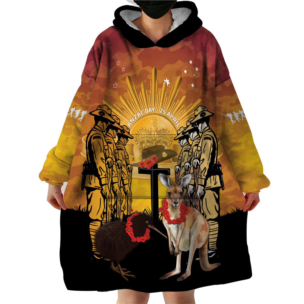 Australia And New Zealand ANZAC Wearable Blanket Hoodie Aussie Kangaroo With Aotearoa Kiwi Lest We Forget - Vibe Hoodie Shop