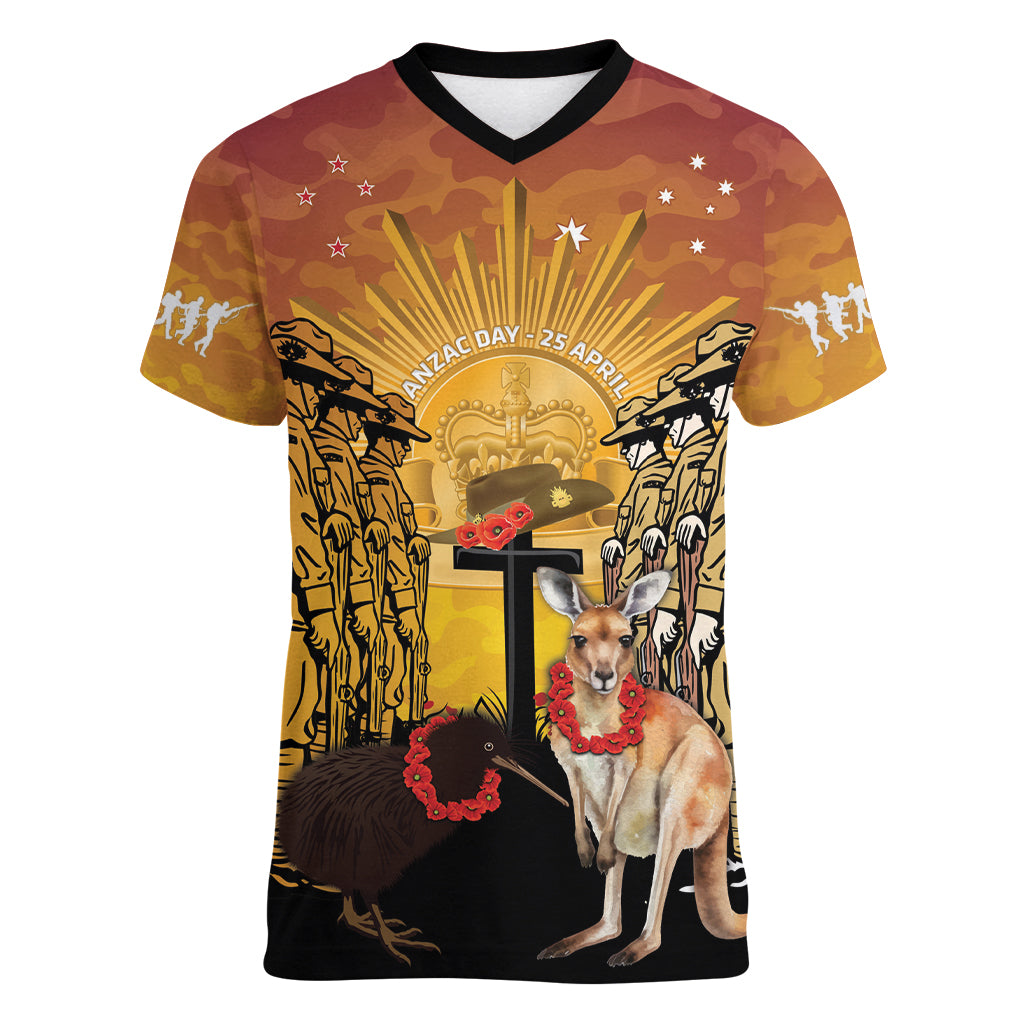 Australia And New Zealand ANZAC Women V-Neck T-Shirt Aussie Kangaroo With Aotearoa Kiwi Lest We Forget - Vibe Hoodie Shop