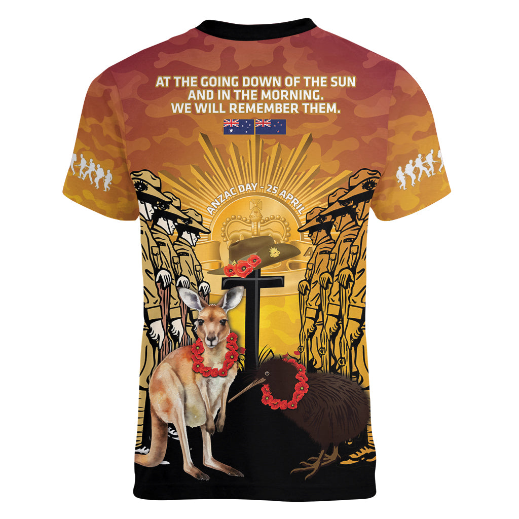 Australia And New Zealand ANZAC Women V-Neck T-Shirt Aussie Kangaroo With Aotearoa Kiwi Lest We Forget - Vibe Hoodie Shop
